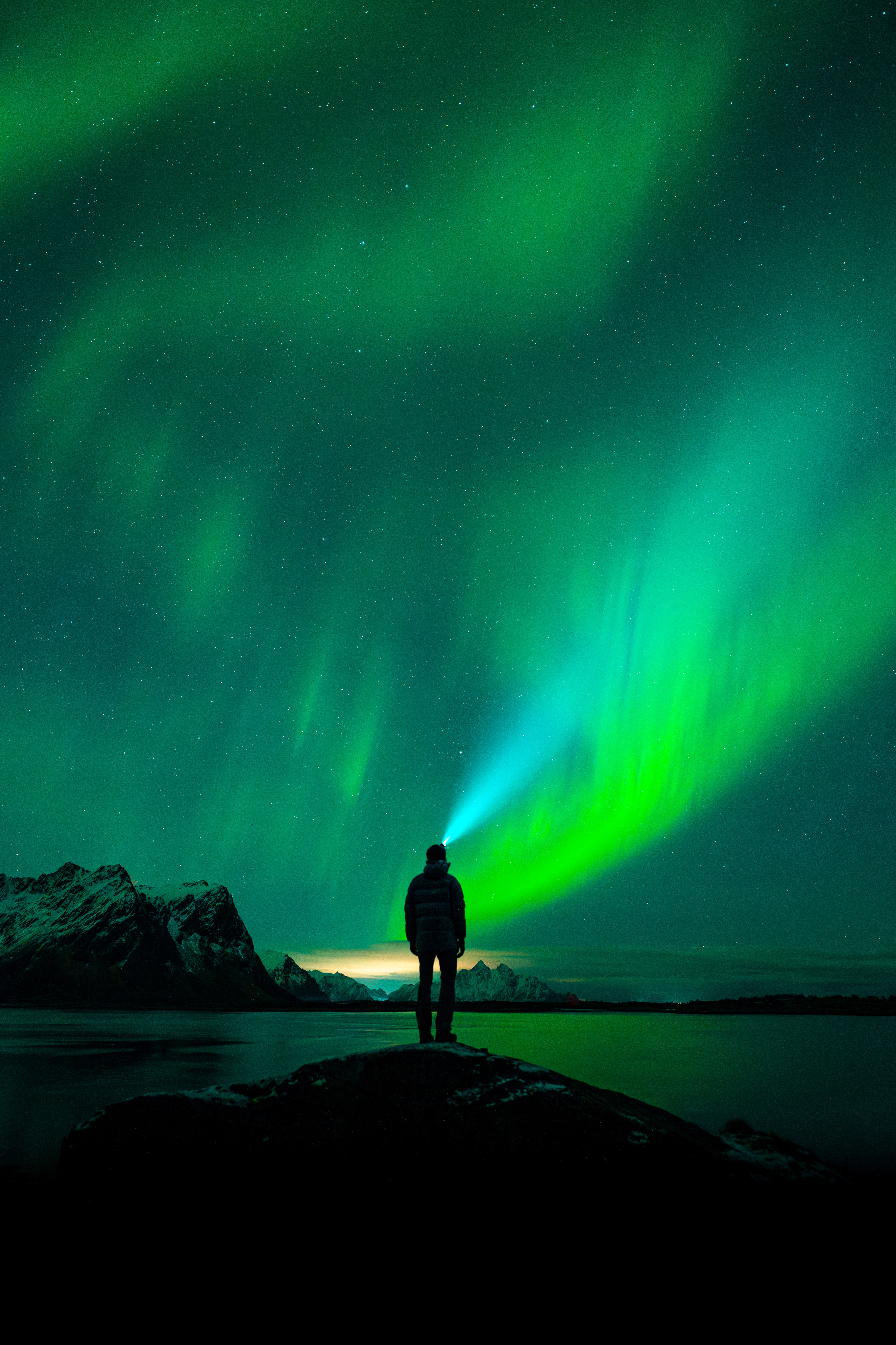 Person standing on a dark landscape under vibrant green and blue northern lights in the night sky.