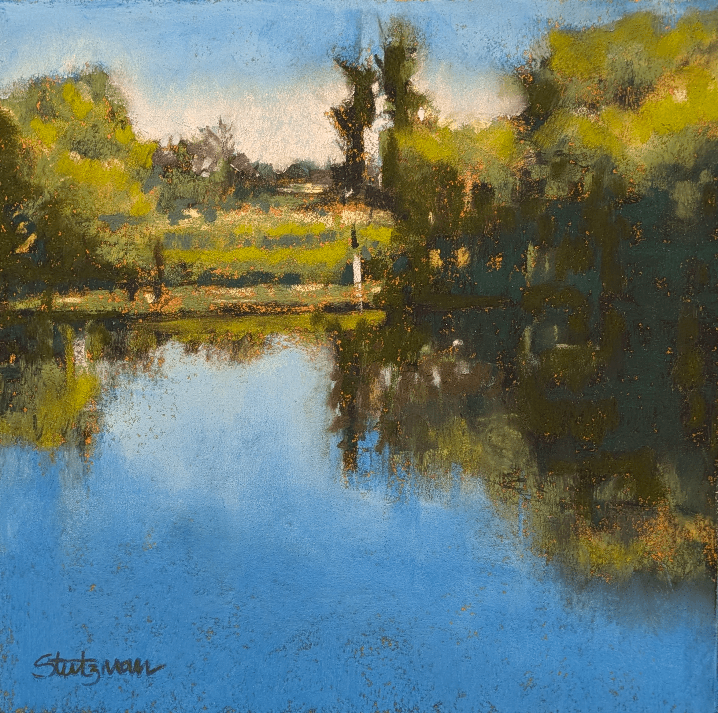 Landscape painting of a river with trees and sky reflected in the water, using impressionistic brushstrokes.