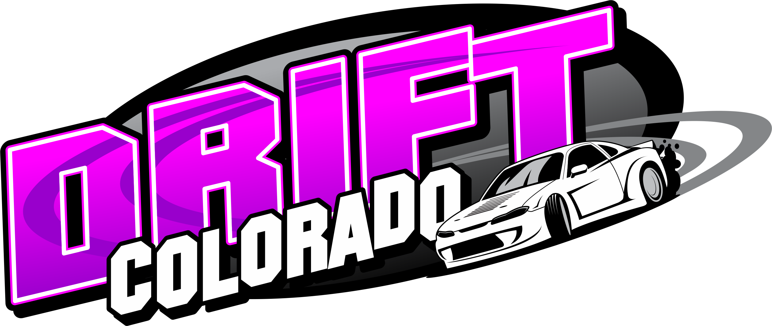 Logo with purple text 'DRIFT' and white 'COLORADO' with a car and a planet in the background.