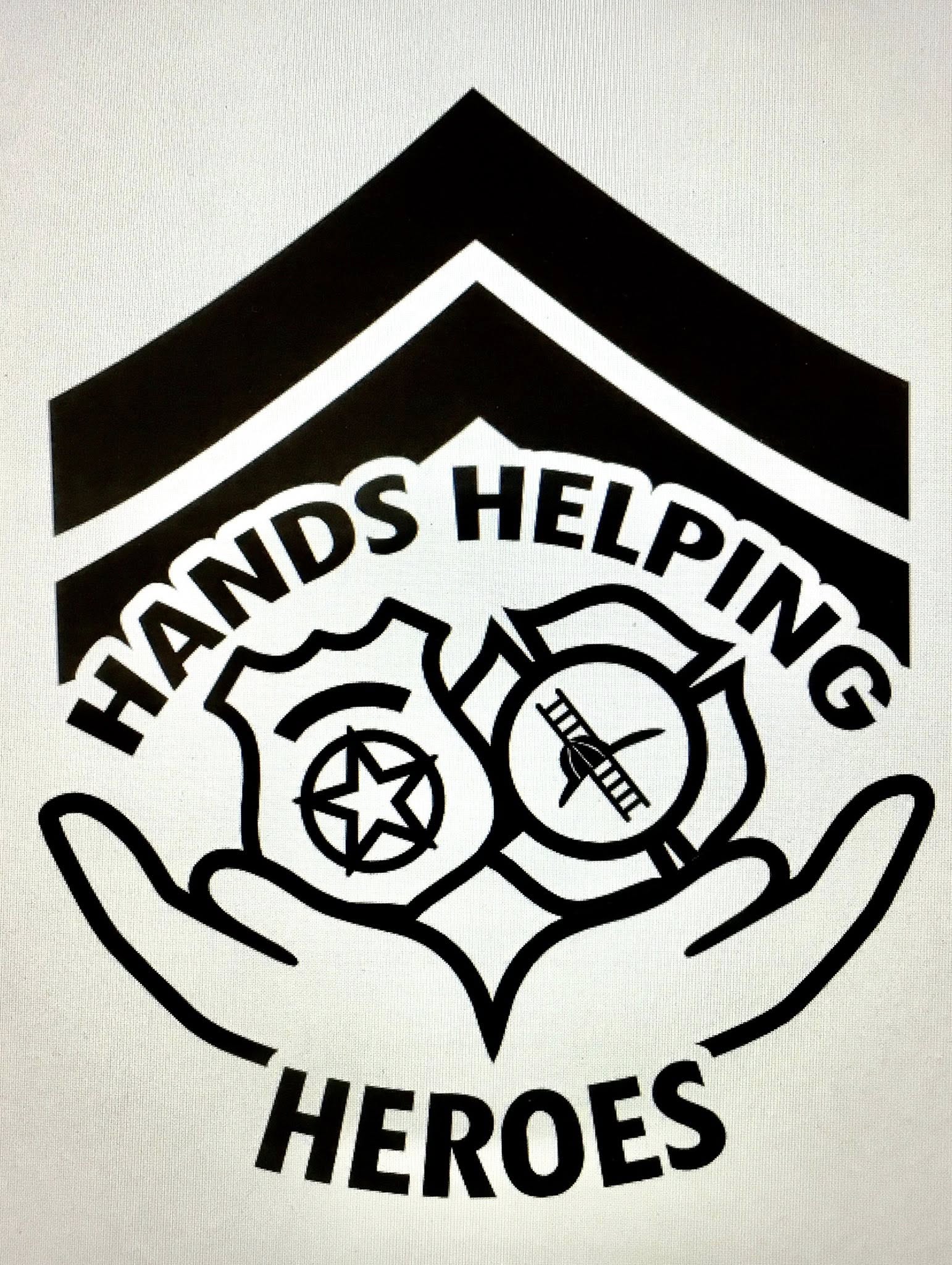 Black and white logo with hands holding shields, text reads 'Hands Helping Heroes'.