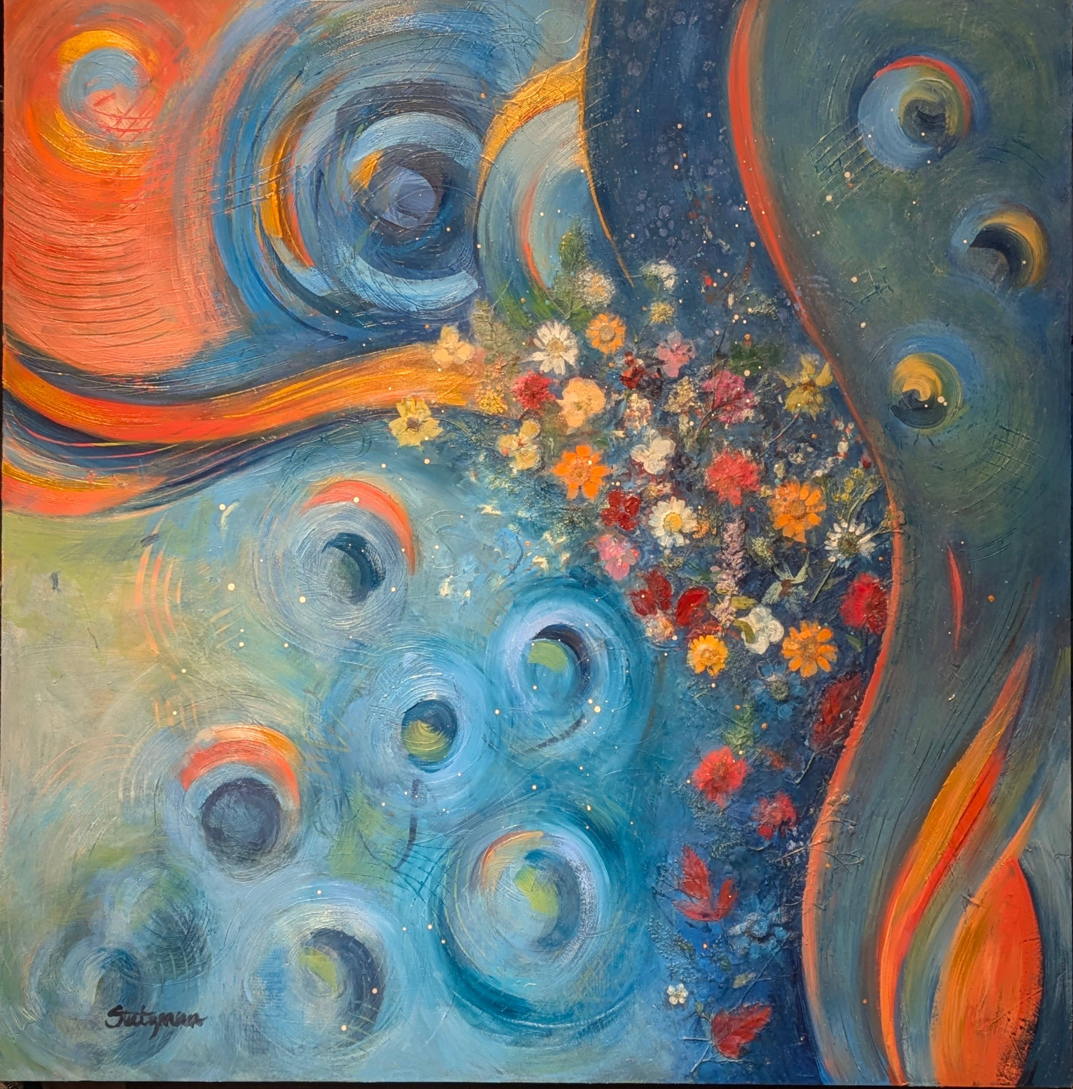Abstract painting with swirling blue, orange, and green colors, featuring circular shapes and a cluster of small multicolored flowers.