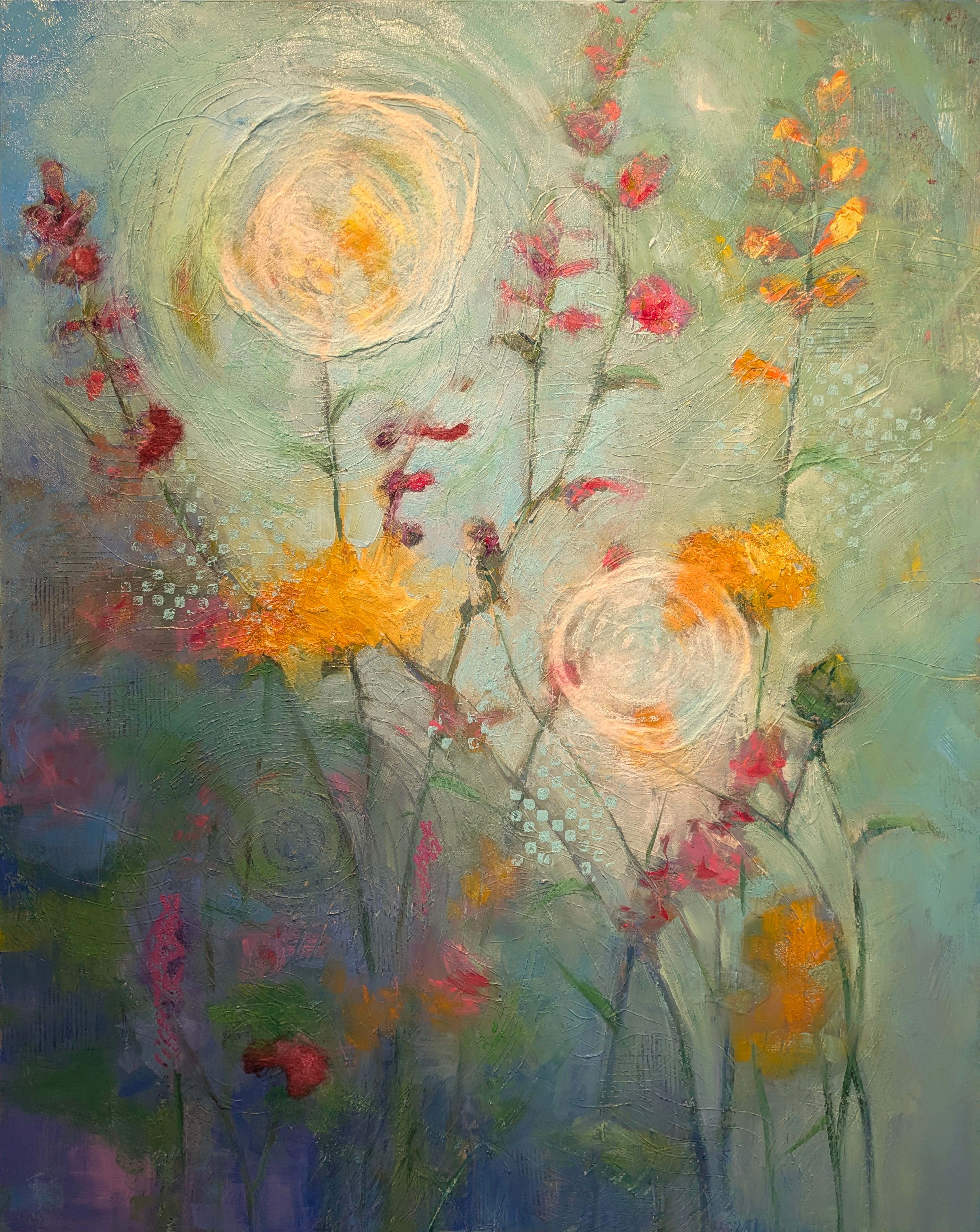Abstract painting of flowers with bright yellow, orange, and pink blooms against a green and blue background.