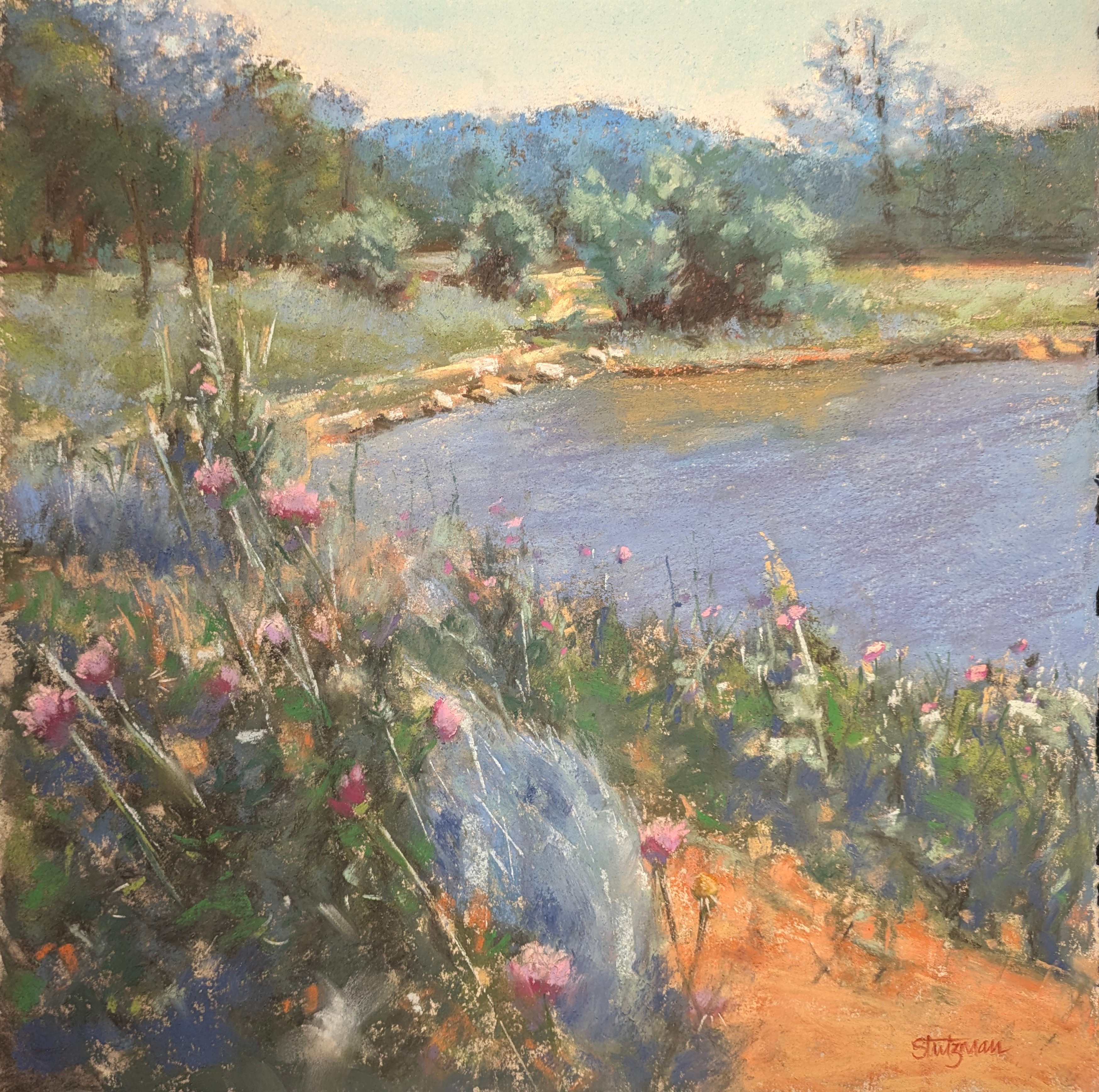 Landscape painting of a river with trees, flowers, and hills in the background, in soft pastel colors.