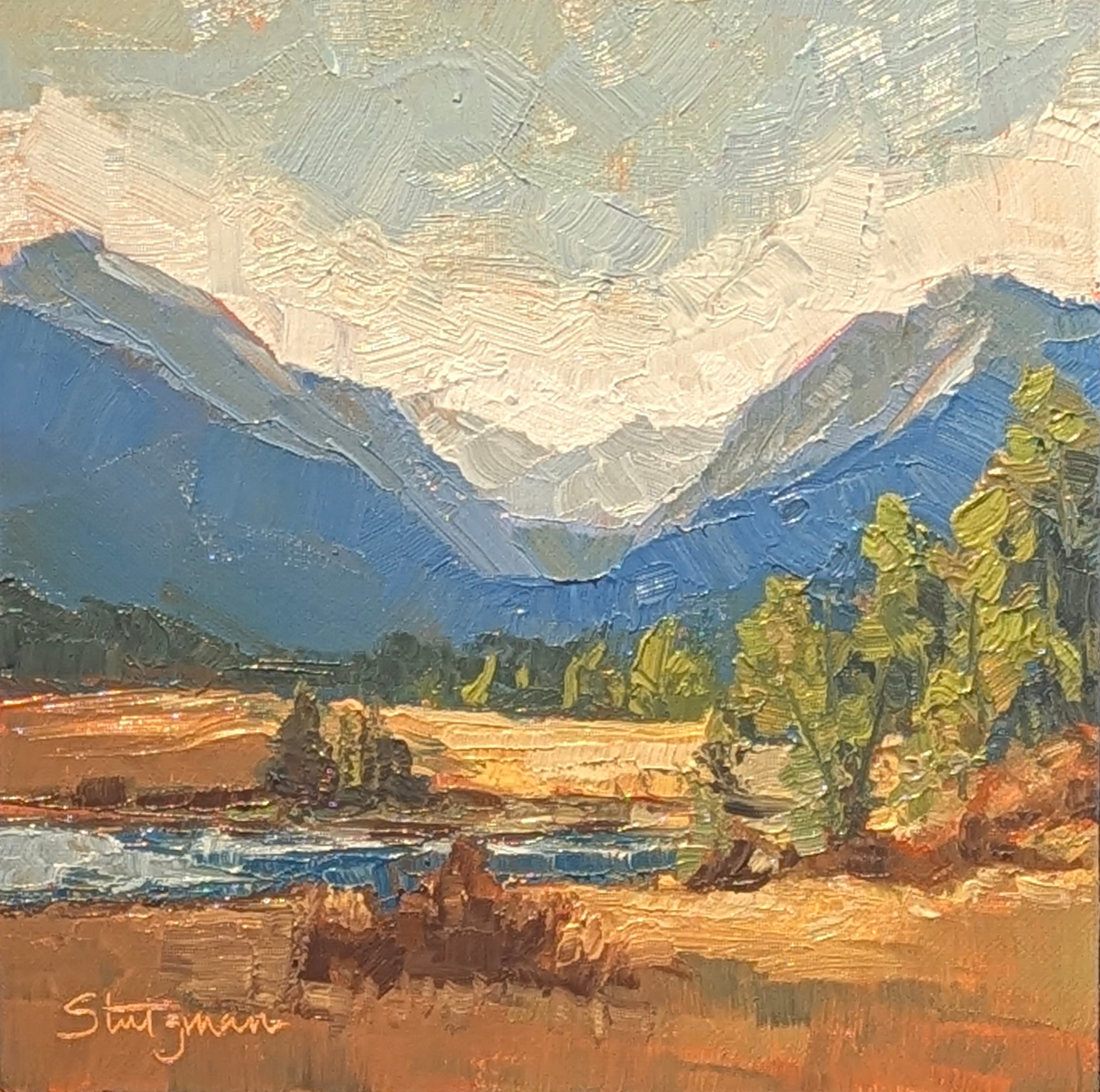 Landscape painting of mountains, trees, and a river with a cloudy sky, in an impressionistic style.