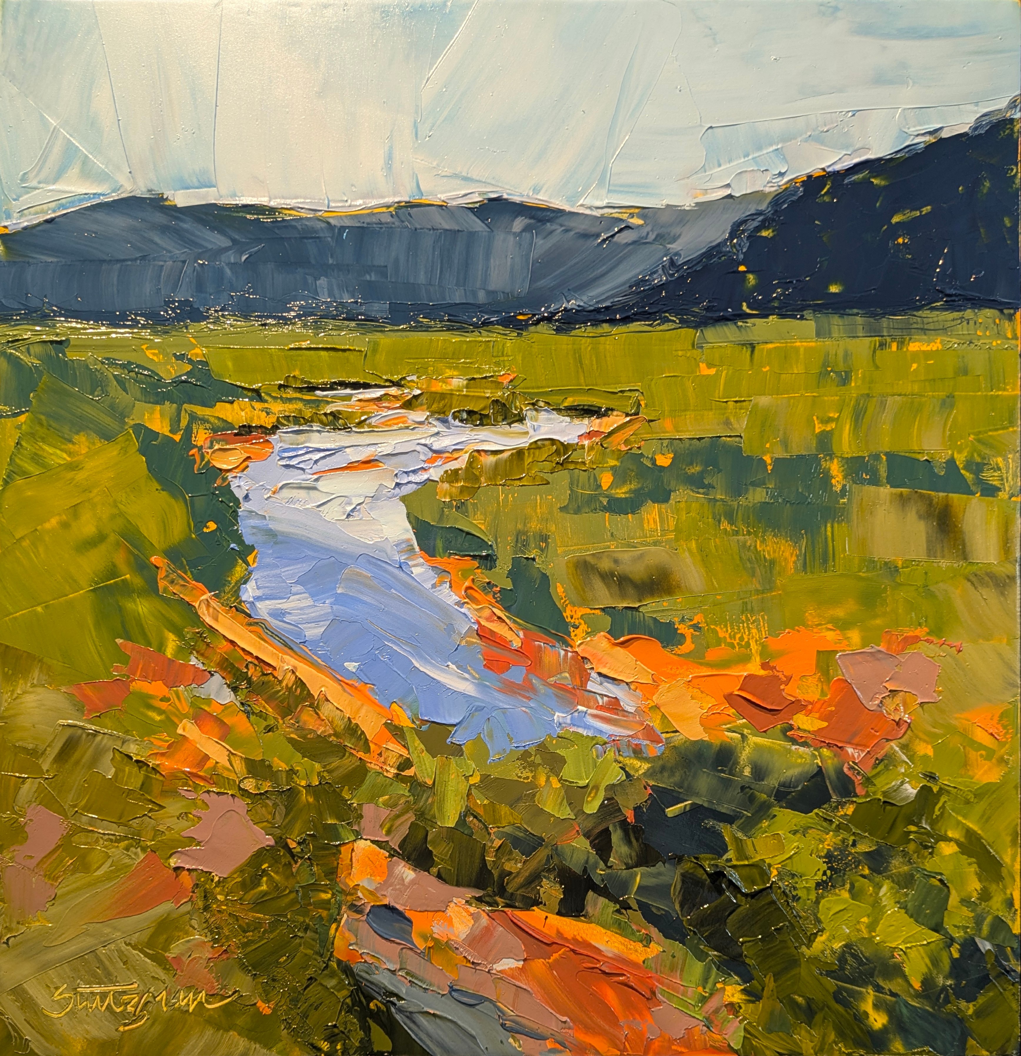 Landscape painting of a river flowing through green fields with mountains in the background under a cloudy sky.