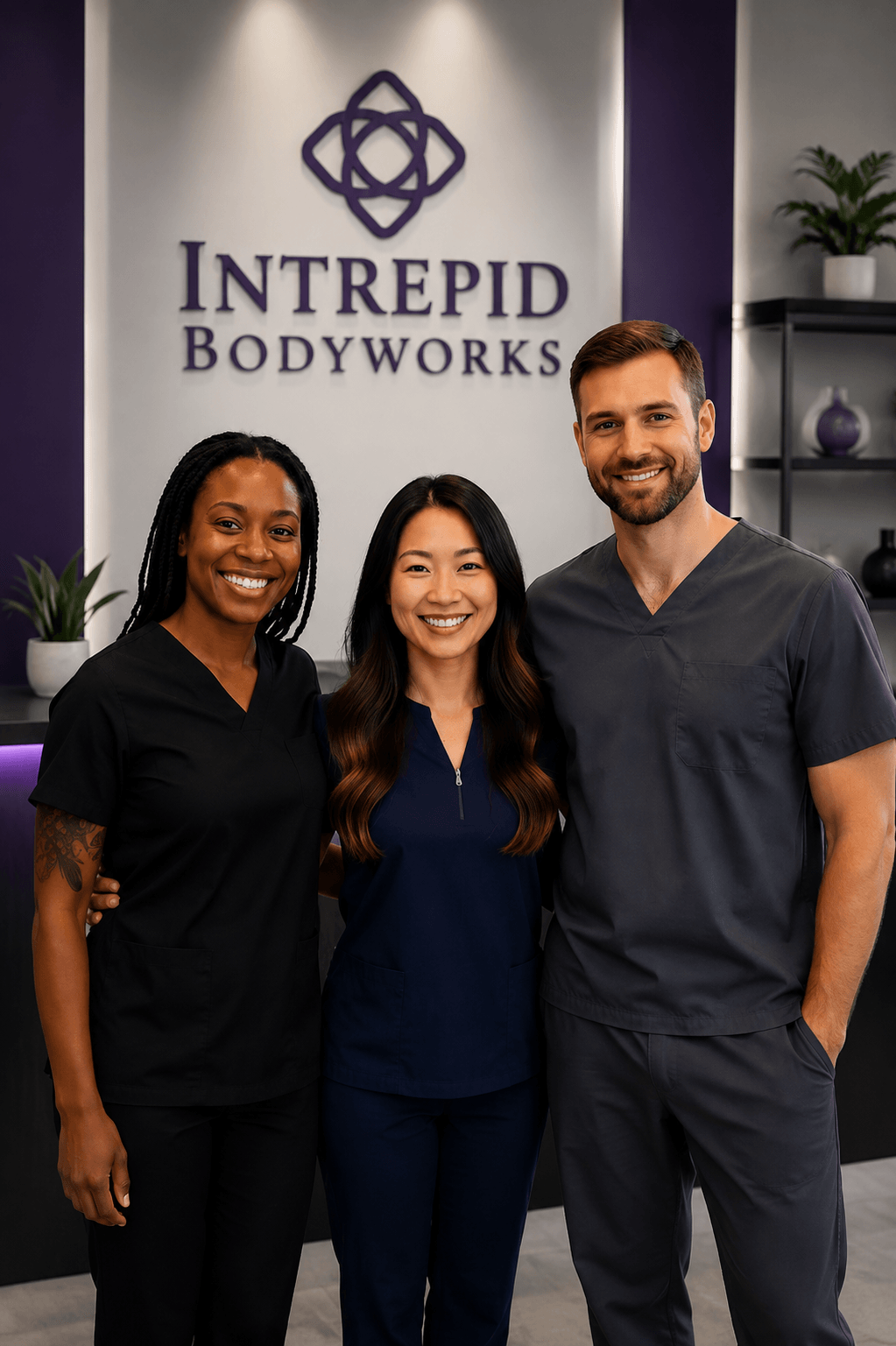 Three smiling people stand in front of a sign that reads 'Intrepid Bodyworks' with plants on shelves behind them.