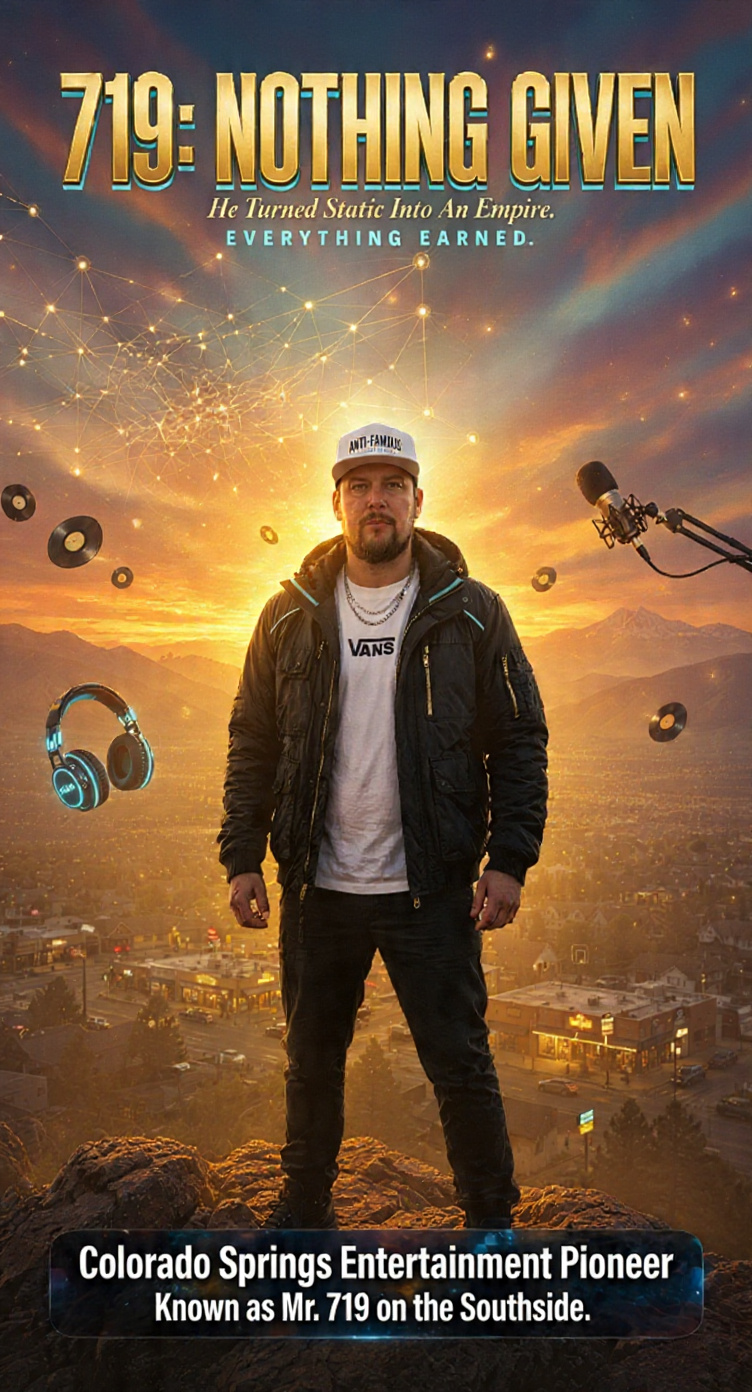 Man in jacket and cap stands outdoors with city and sunset background, promotional poster for '719: Nothing Given'.