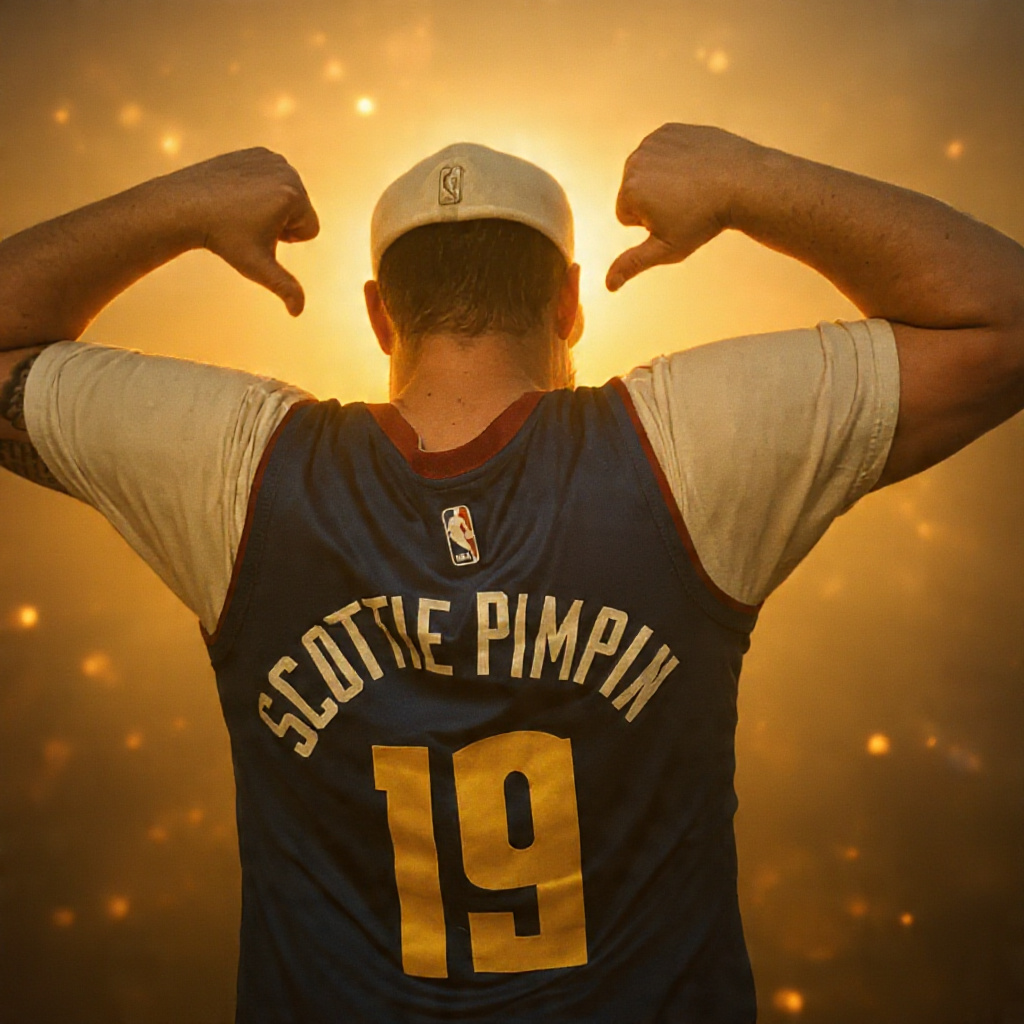 Back of a person wearing a basketball jersey with the name Scottie Pippen and number 19, flexing arms, glowing background.