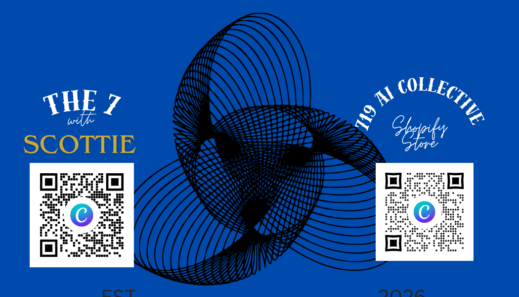 Abstract black geometric shape on blue background with text and QR codes, including 'THE 7', 'SCOTTIE', and 'COLLECTIVE'.
