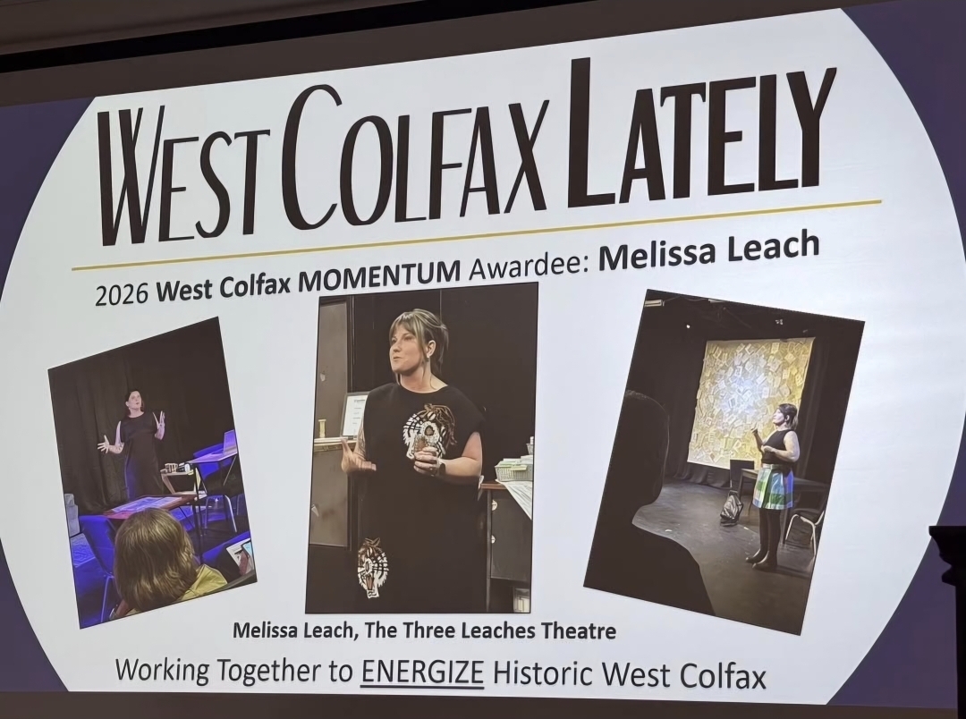 Poster announcing Melissa Leach as West Colfax LATELY award winner, with three photos of her speaking on stage.