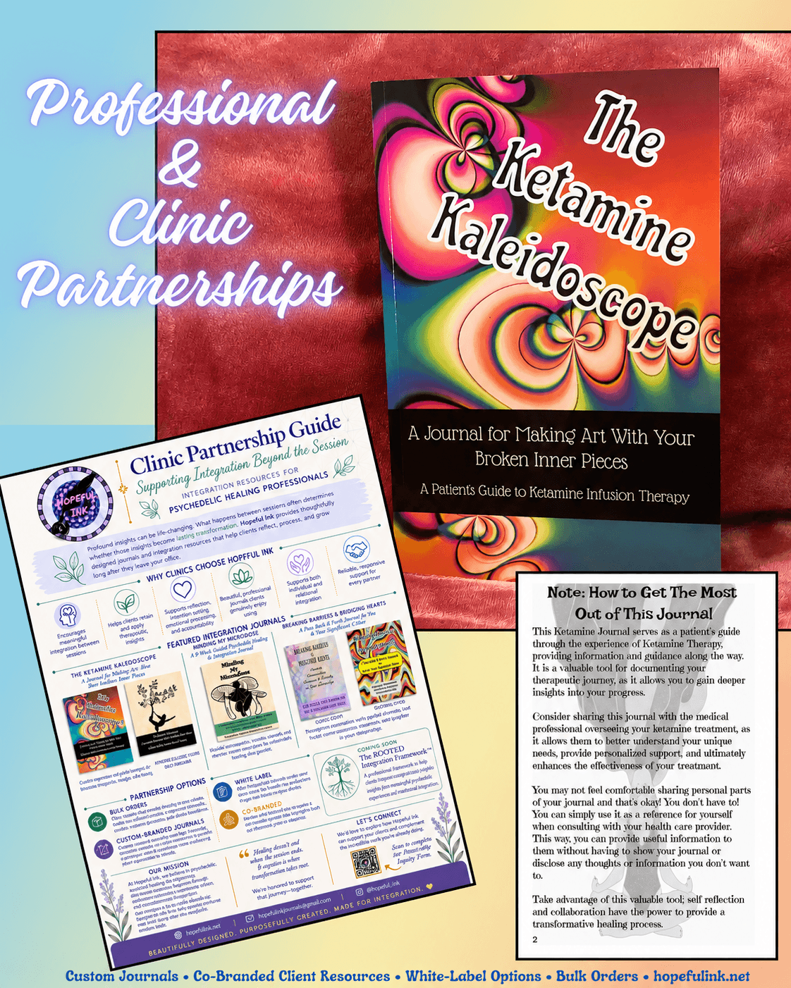 Book cover titled 'The Ketamine Kaleidoscope' with colorful abstract patterns, and text about a journal on mental health therapy.