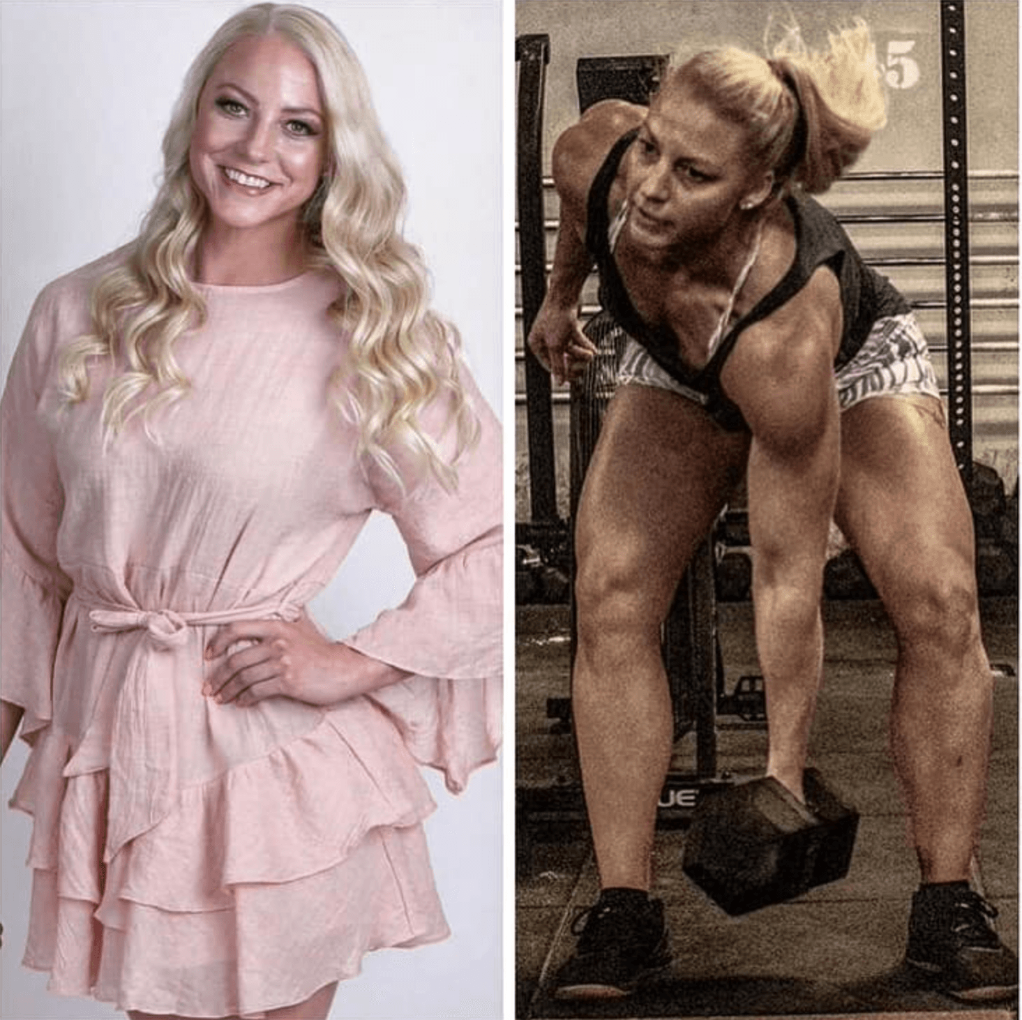 Side-by-side images of a woman, one smiling in a pink dress, the other lifting weights with a serious expression.