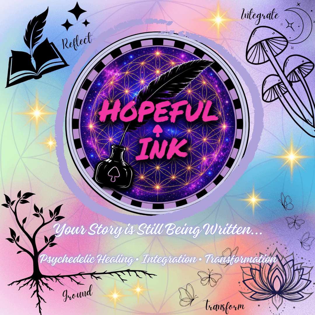 Colorful background with illustrations of a tree, books, mushrooms, and a lotus flower, with text about hope, healing, and transformation.