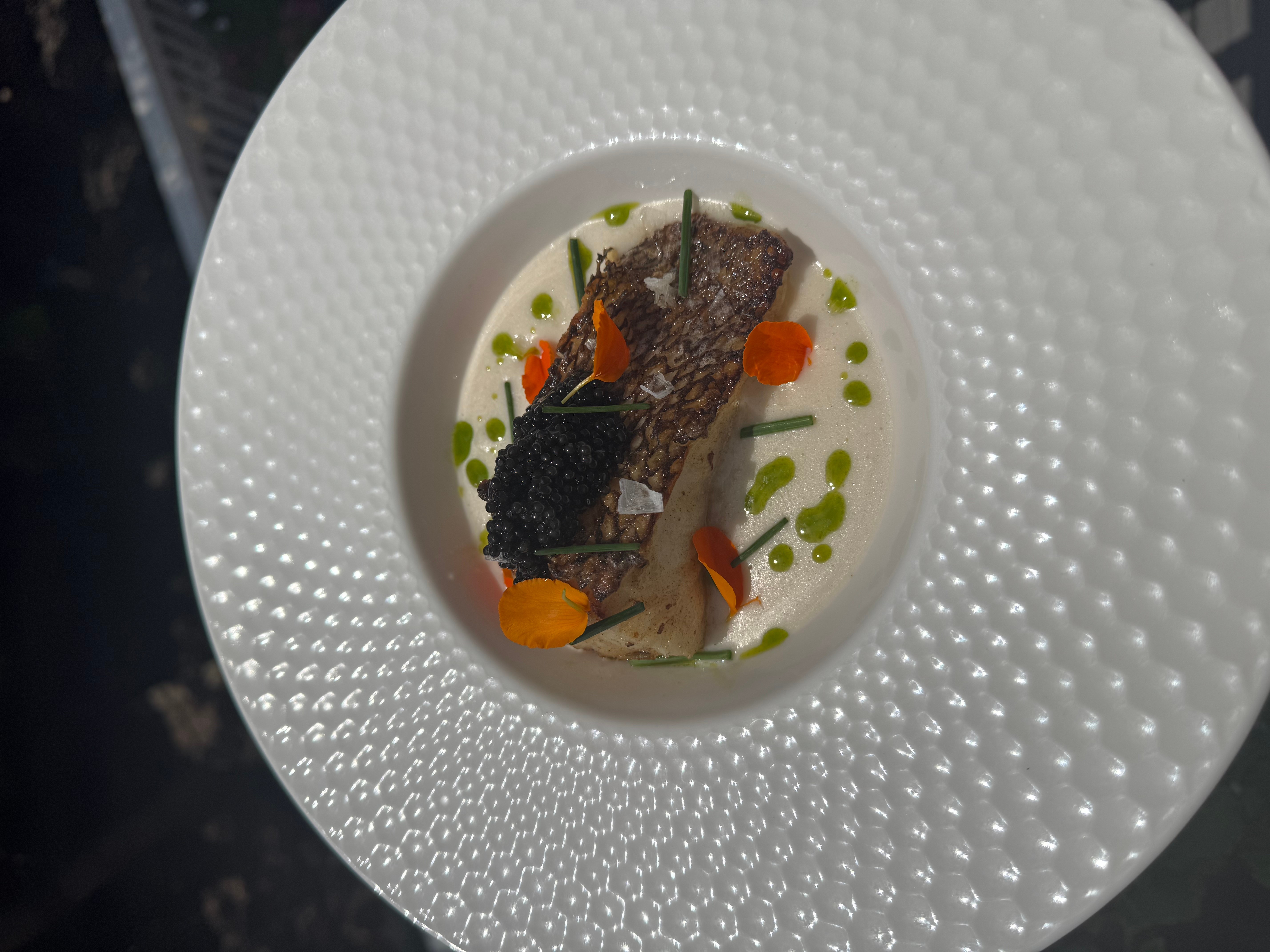 A plated dish with a piece of fish, garnished with herbs and vegetables, on a textured white plate.