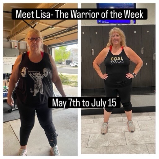 Side-by-side photos of a woman before and after weight loss, smiling, with text about her fitness journey, dates May 7 to July 15.