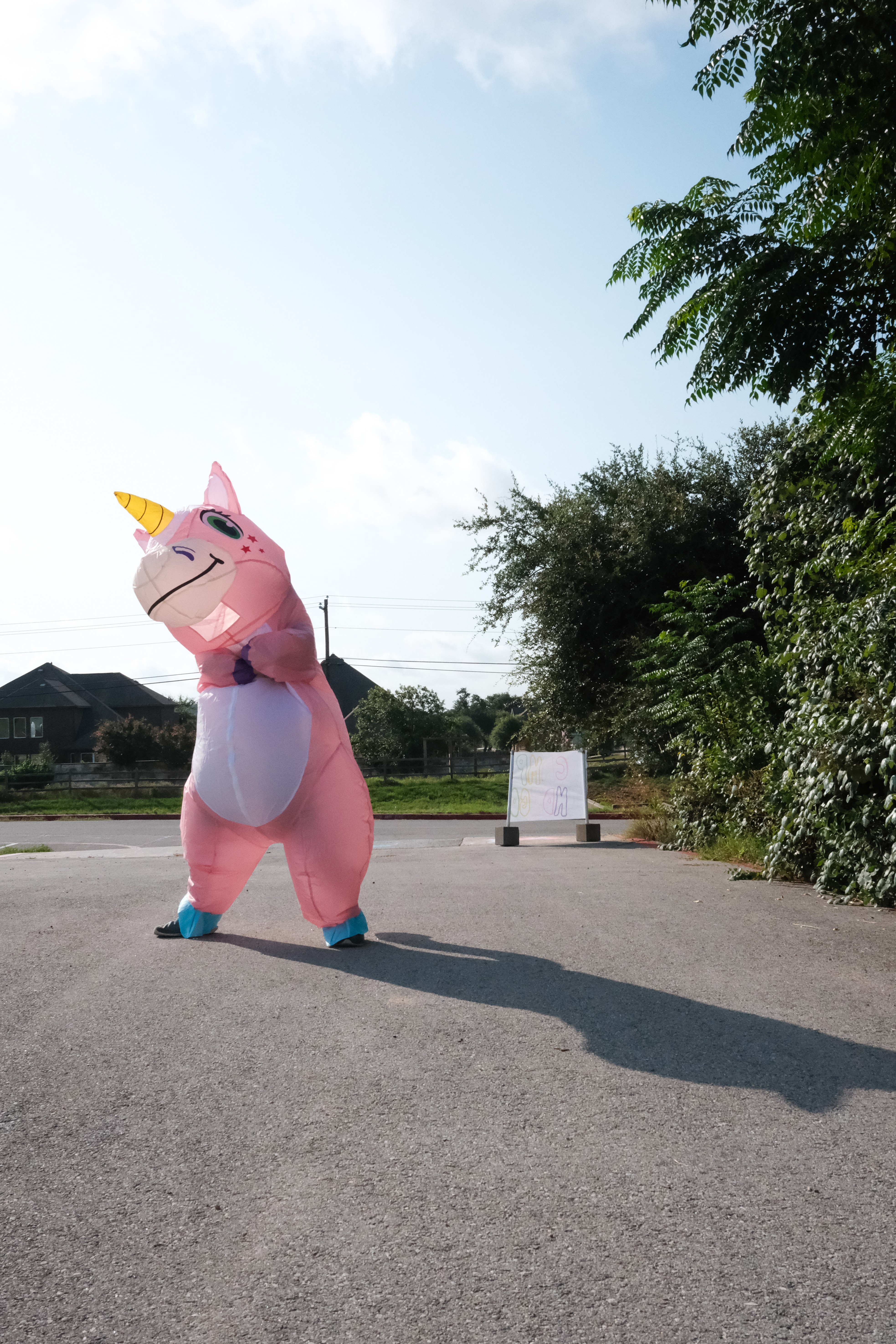 Pink unicorn costume with a yellow horn, standing on a paved surface with trees and sky in background.