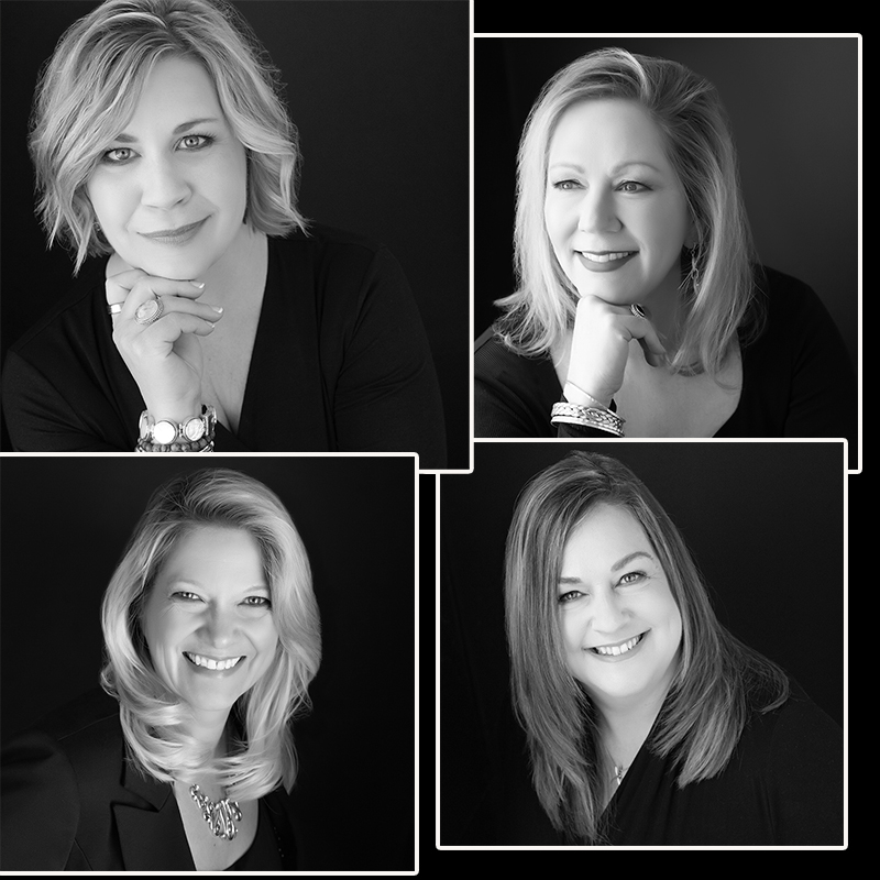 Four women smiling, each in a separate black-and-white portrait, with different hairstyles and clothing, all looking at the camera.