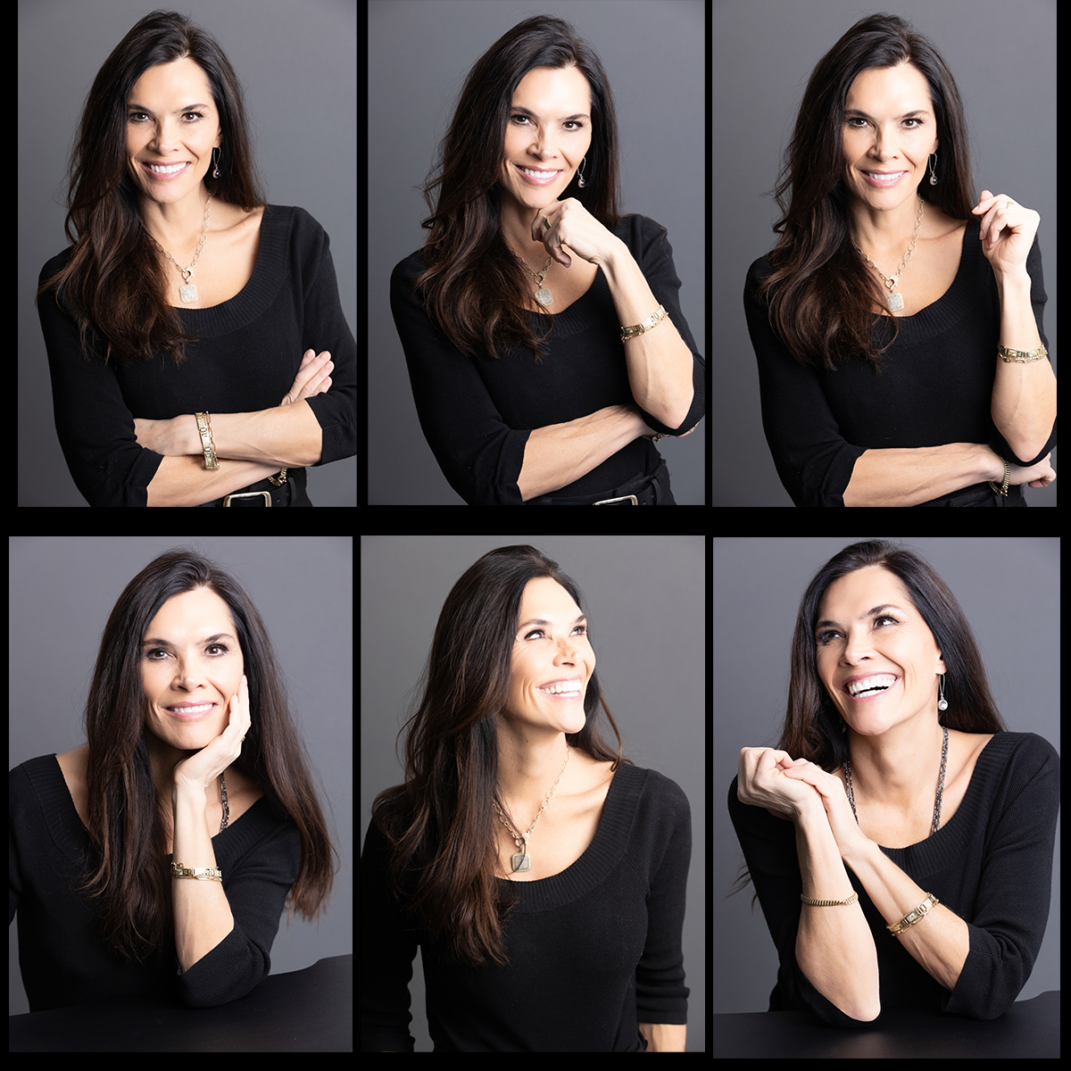 Six women with long dark hair, smiling and posing against a gray background, wearing black tops.