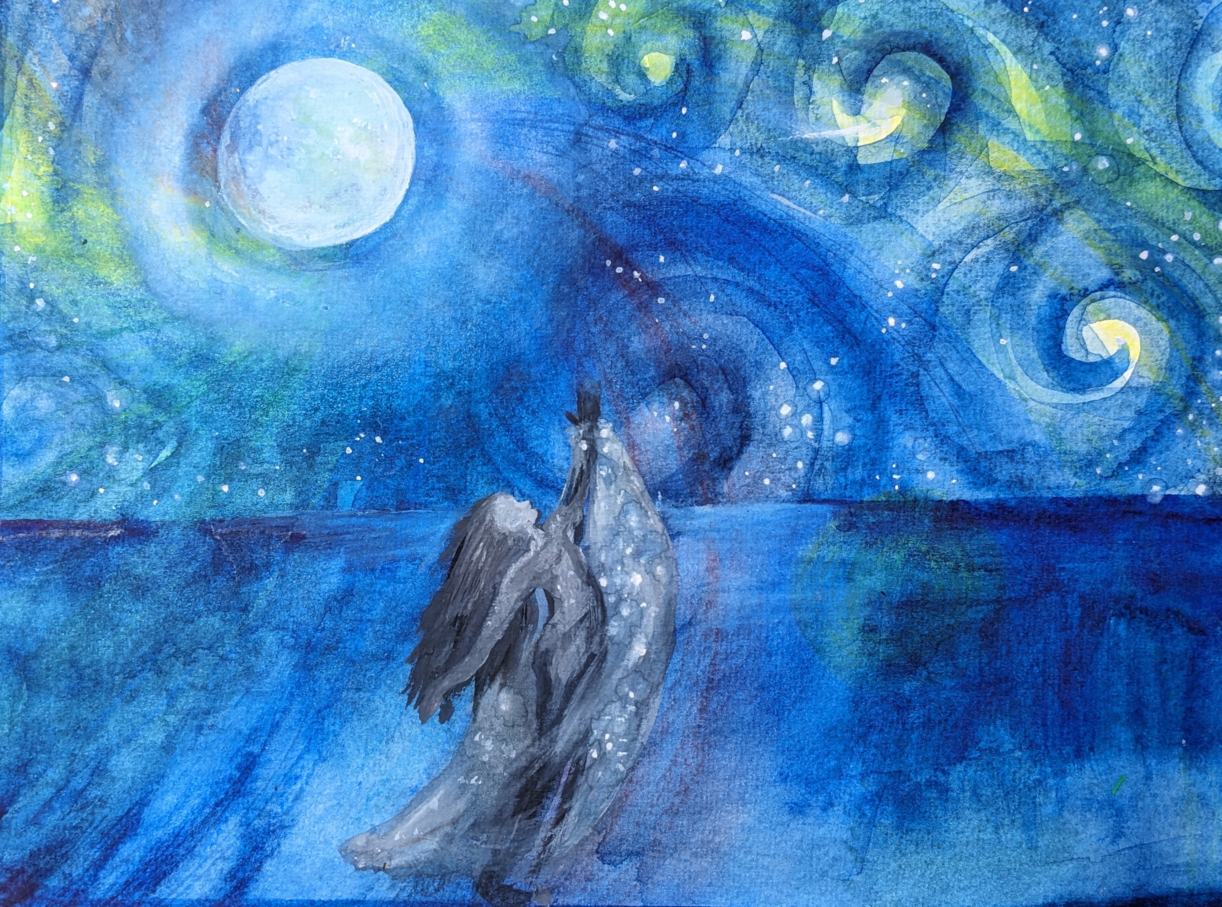 A painting of a figure in a flowing dress standing on a shoreline under a starry night sky with a full moon.