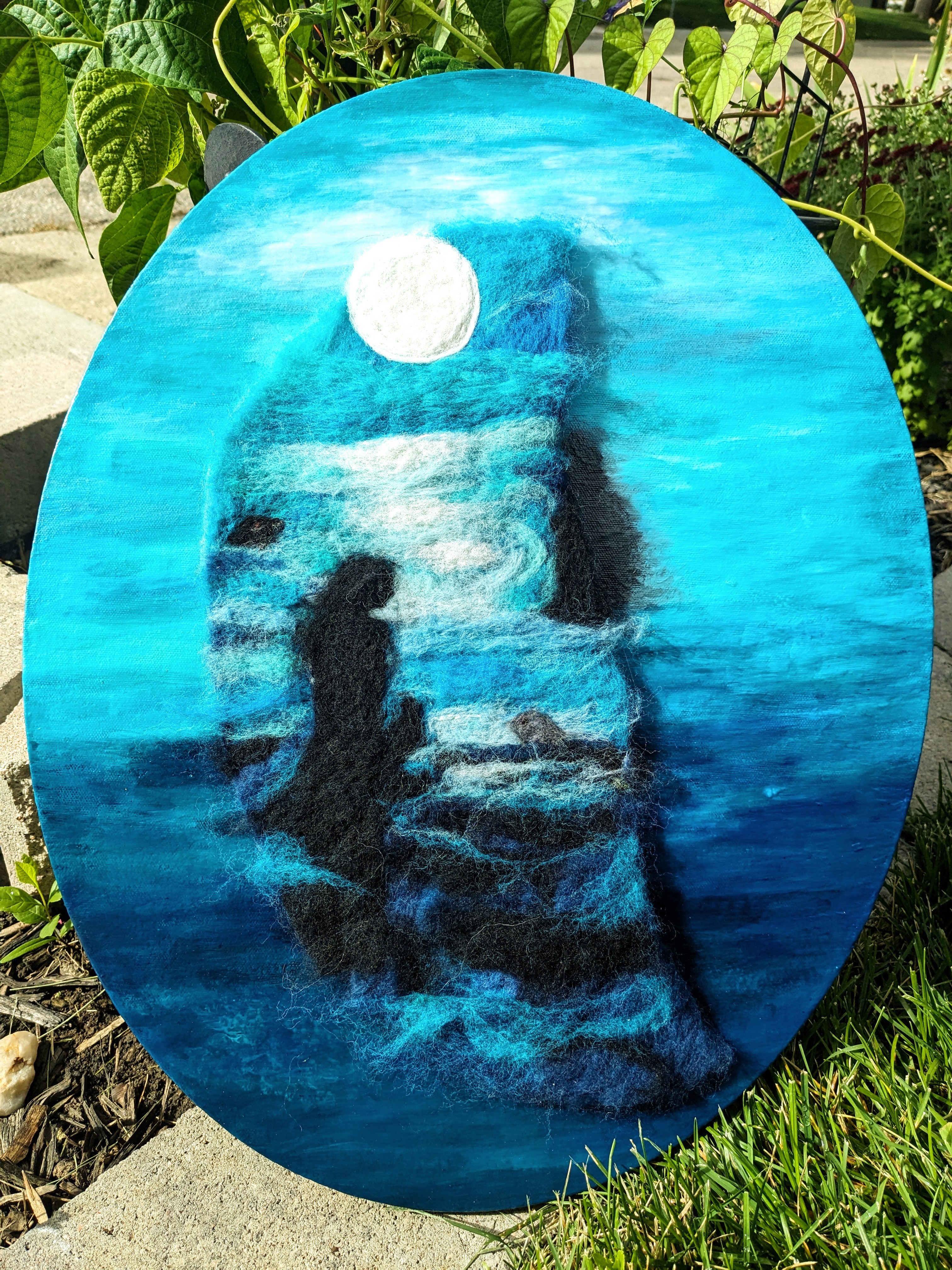 Painting of a lighthouse under a moonlit sky with water reflections, in shades of blue and white.