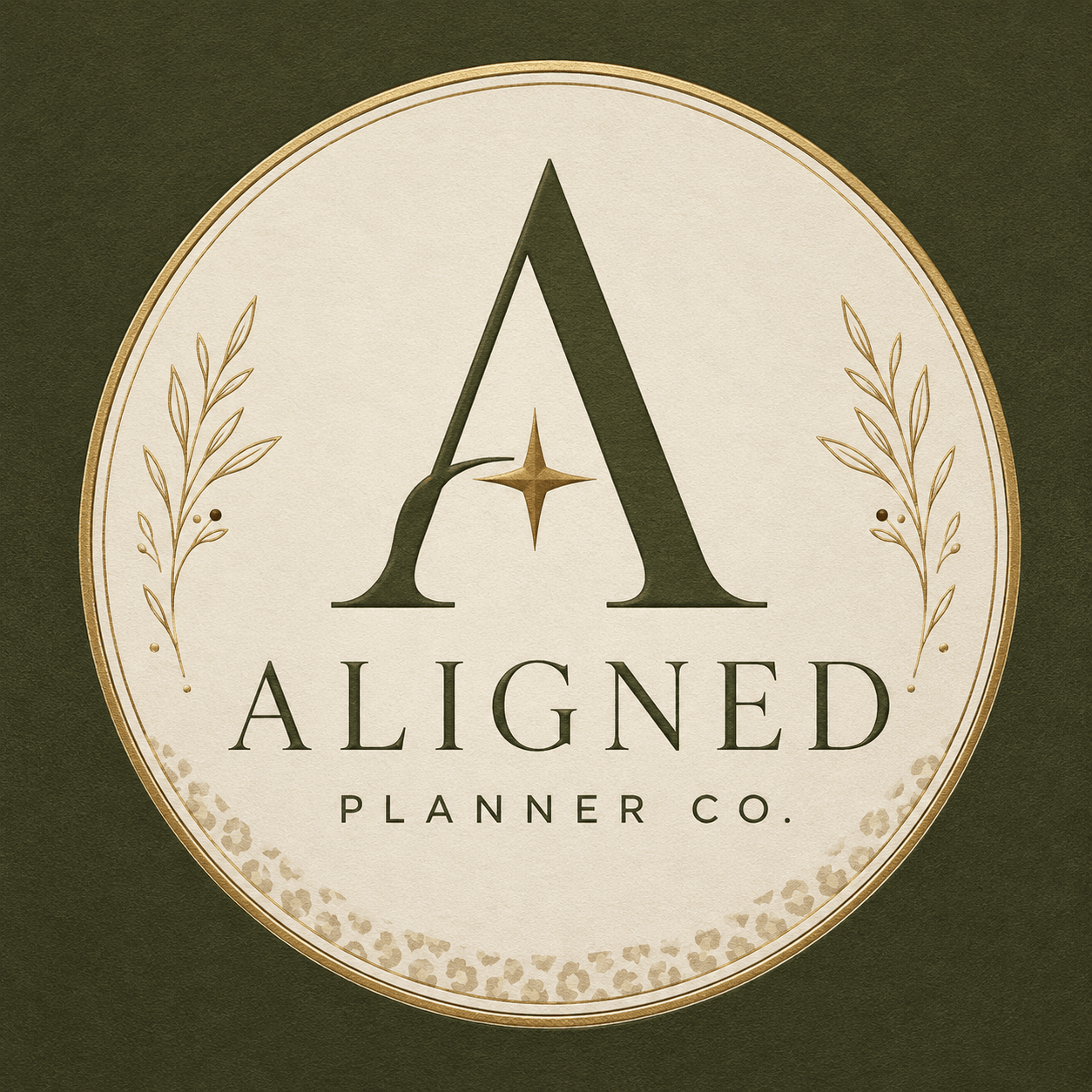Logo with a large letter A, surrounded by decorative leaves, and the words 'ALIGNED PLANNER CO.' beneath.