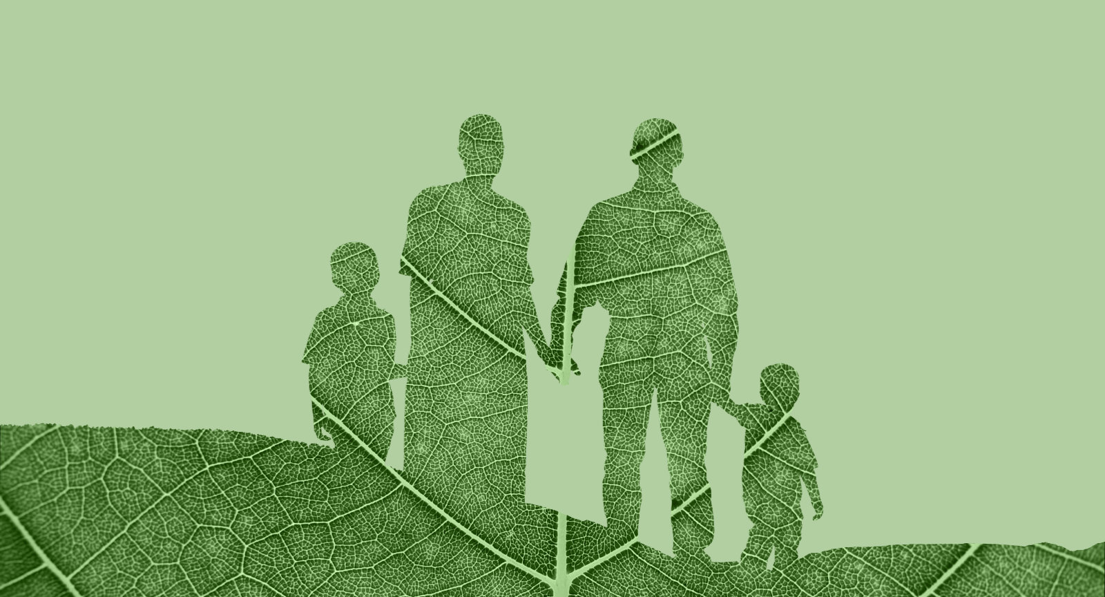 Silhouette of a family holding hands, standing on a leaf with a green background.