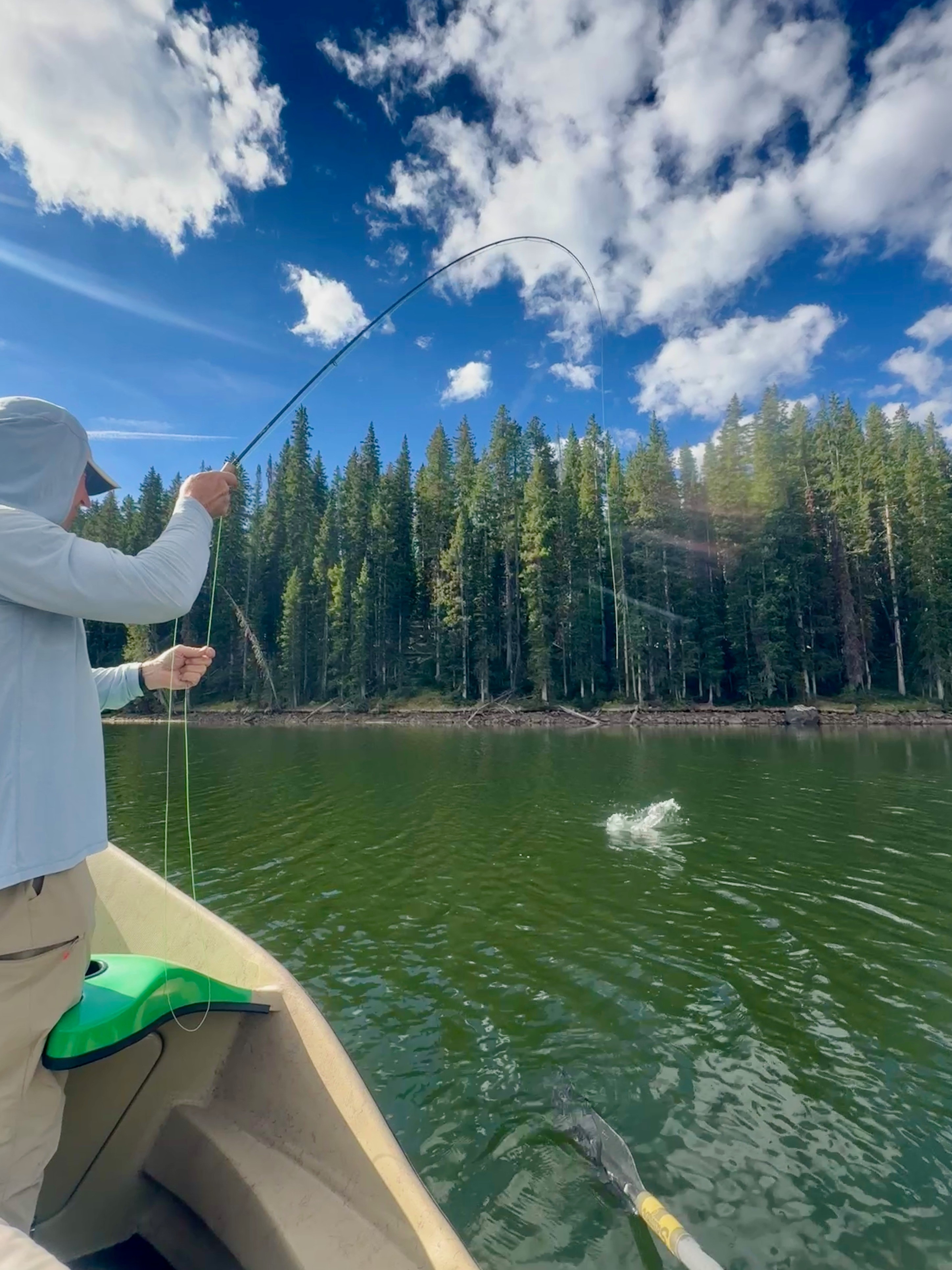 Person fishing from a boat on a lake with a forest background and a partly cloudy sky.