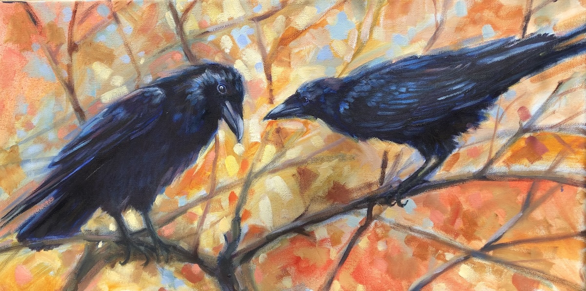 Two black birds perched on a branch among orange and yellow autumn leaves, facing each other with beaks open.