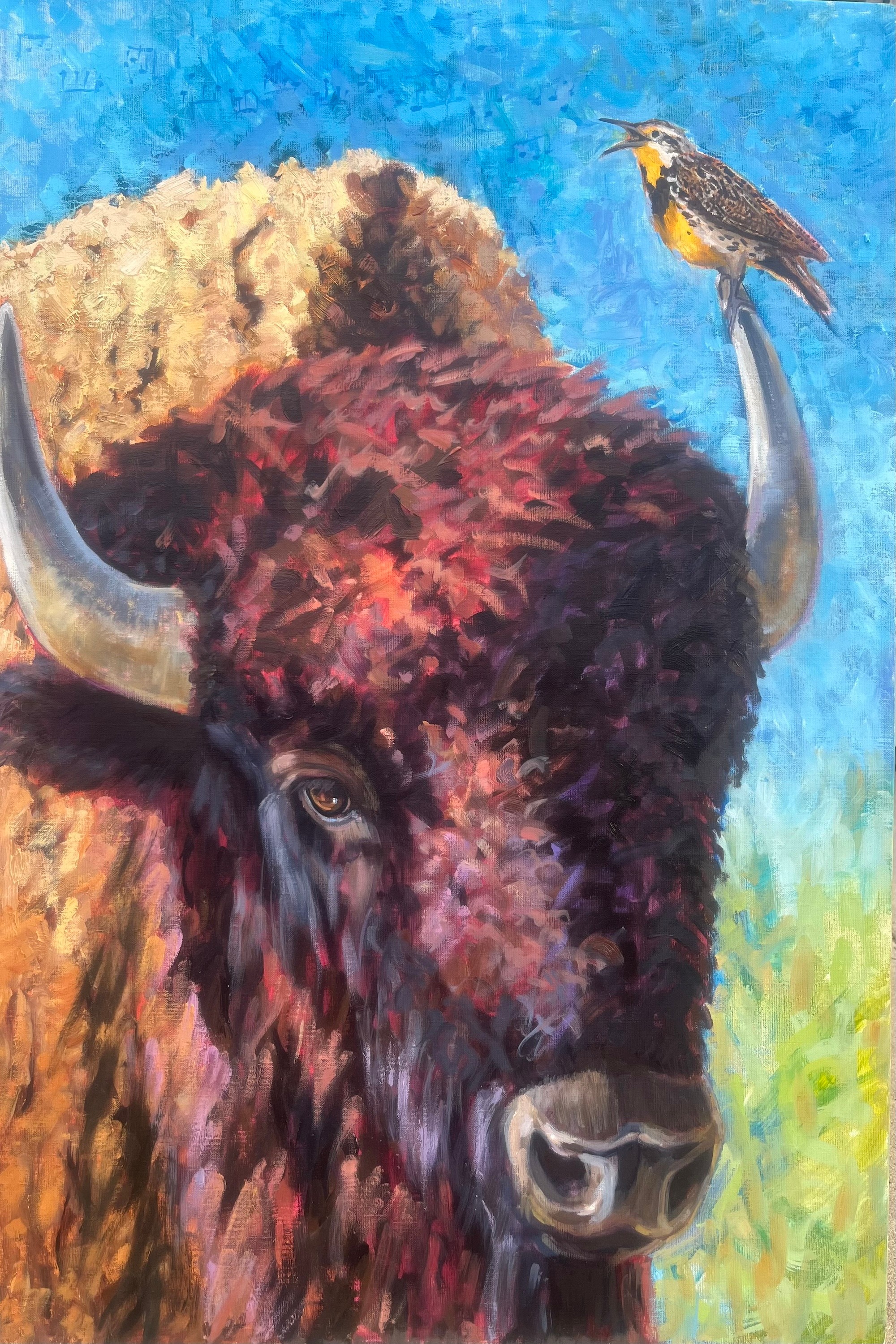 A bison with a bird perched on its horn against a blue sky and grassy background.