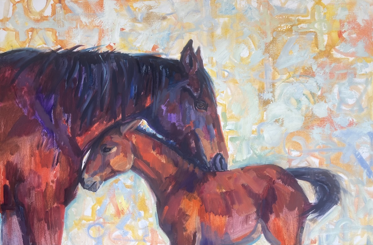 Painting of two horses, one larger and one smaller, with colorful background, showing their heads close together.