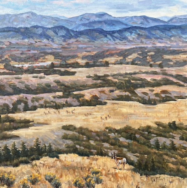Landscape painting of mountains, hills, and fields with a person riding a horse in the foreground.