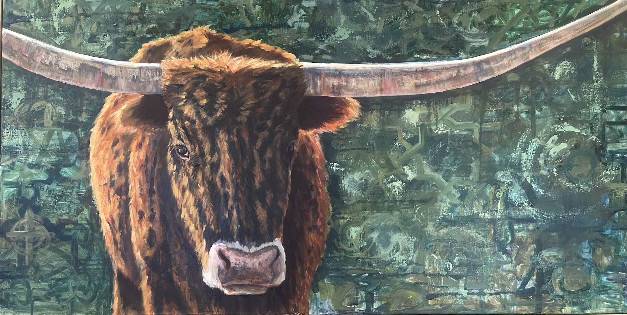 Close-up of a bison's head with large horns and a textured background.