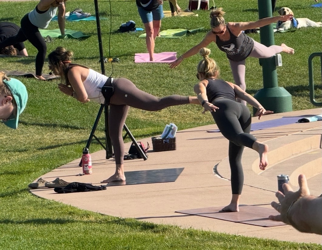 People practicing yoga outdoors on mats, performing balancing poses on a wooden platform in a park.