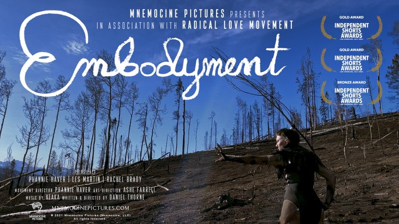 Person walking on a burned landscape with a blue sky and trees in the background, movie title 'Embodyment' at top.