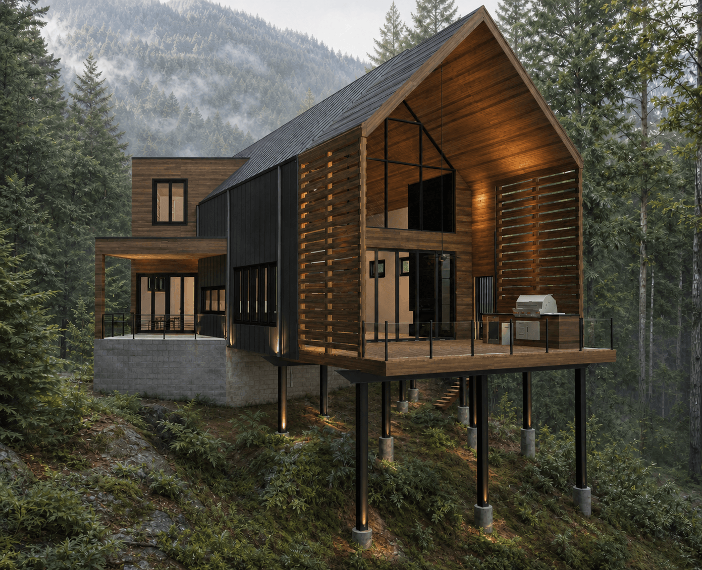 Modern wooden house on stilts in a forested area with mountains in the background, featuring large windows and a balcony.