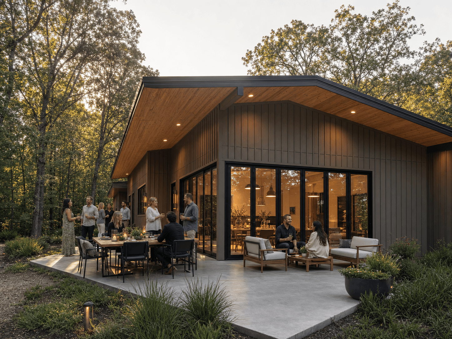 People gather on a patio outside a modern house with large glass doors, surrounded by trees and greenery.