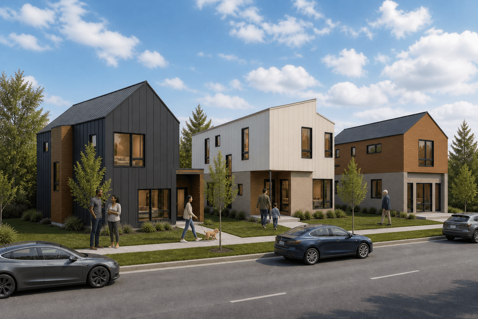 Three modern houses with people walking on the sidewalk, cars parked on the street, trees, and a partly cloudy sky.