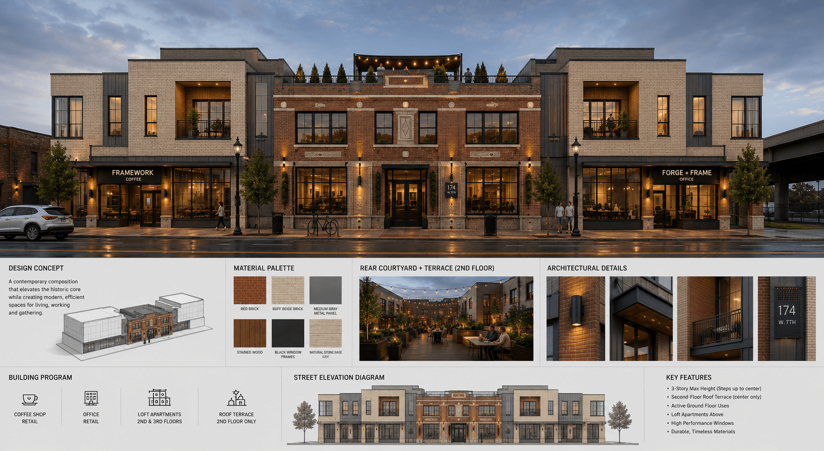 Modern multi-story building with retail spaces on ground floor and residential units above, featuring large windows and decorative lighting.