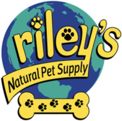 Logo with a globe, yellow text 'Riley's', and a yellow banner reading 'Natural Pet Supply' with paw prints and a bone.