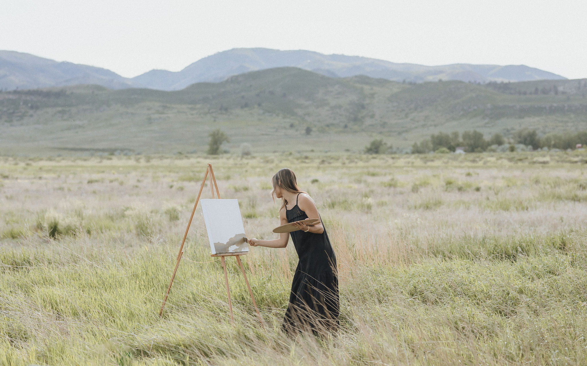 Person painting outdoors in a grassy field with mountains in the background.