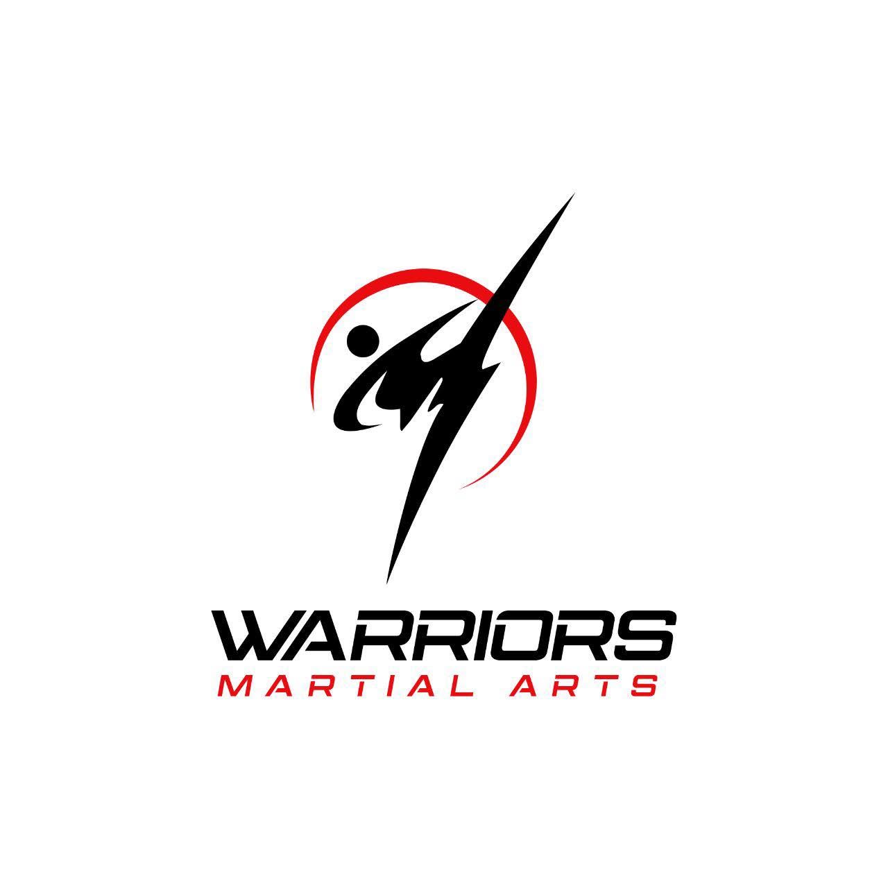 Logo with a stylized figure, a lightning bolt, and a red circle, with text 'WARRIORS MARTIAL ARTS'.