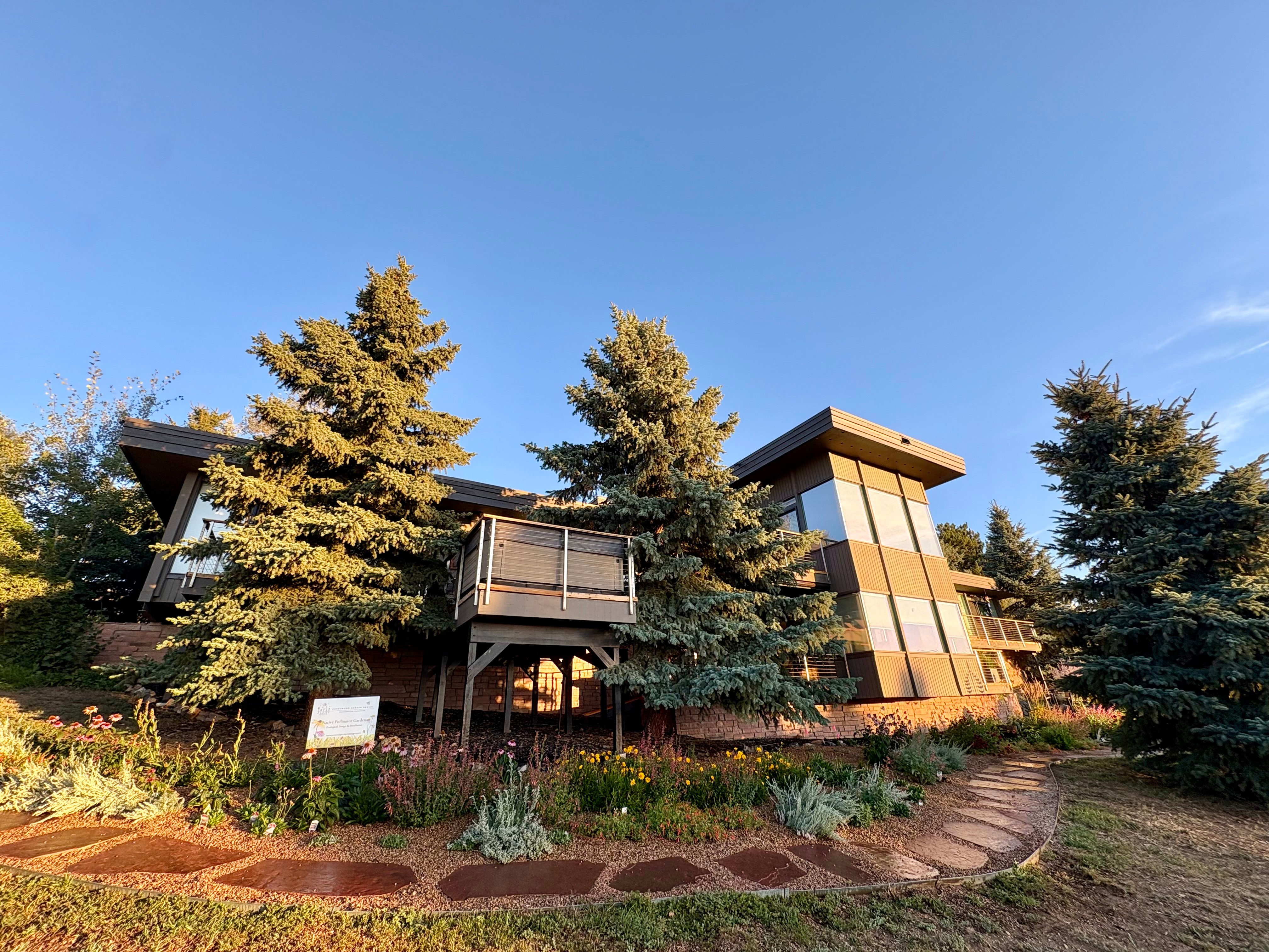 Modern building with large windows surrounded by trees and a garden, under a clear blue sky.