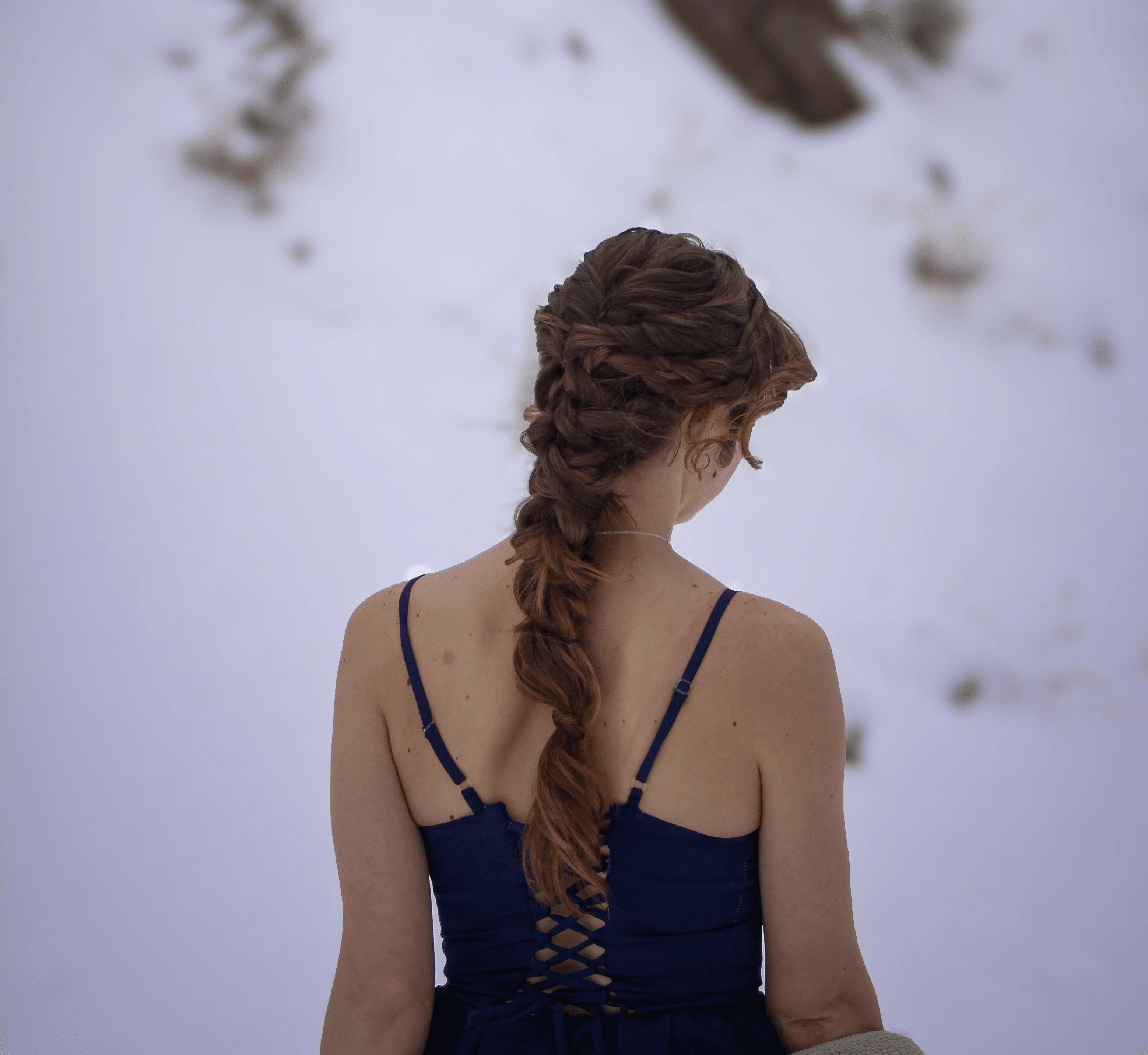 Young woman with braided hair wearing a dark blue dress, seen from behind in a snowy landscape.