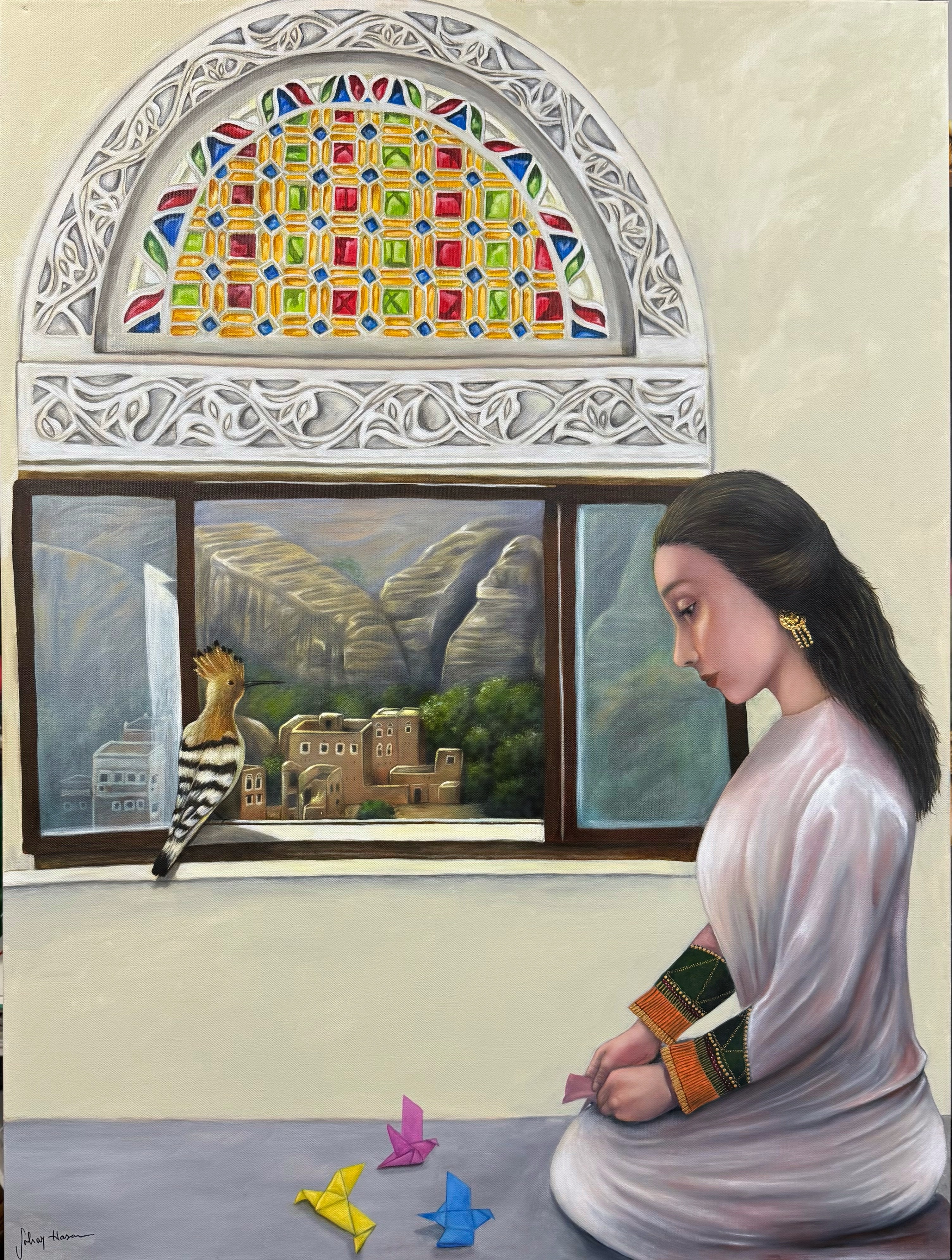 Woman in white dress sitting near window with a landscape view, colorful stained glass above, and a small tiger figurine on the windowsill.