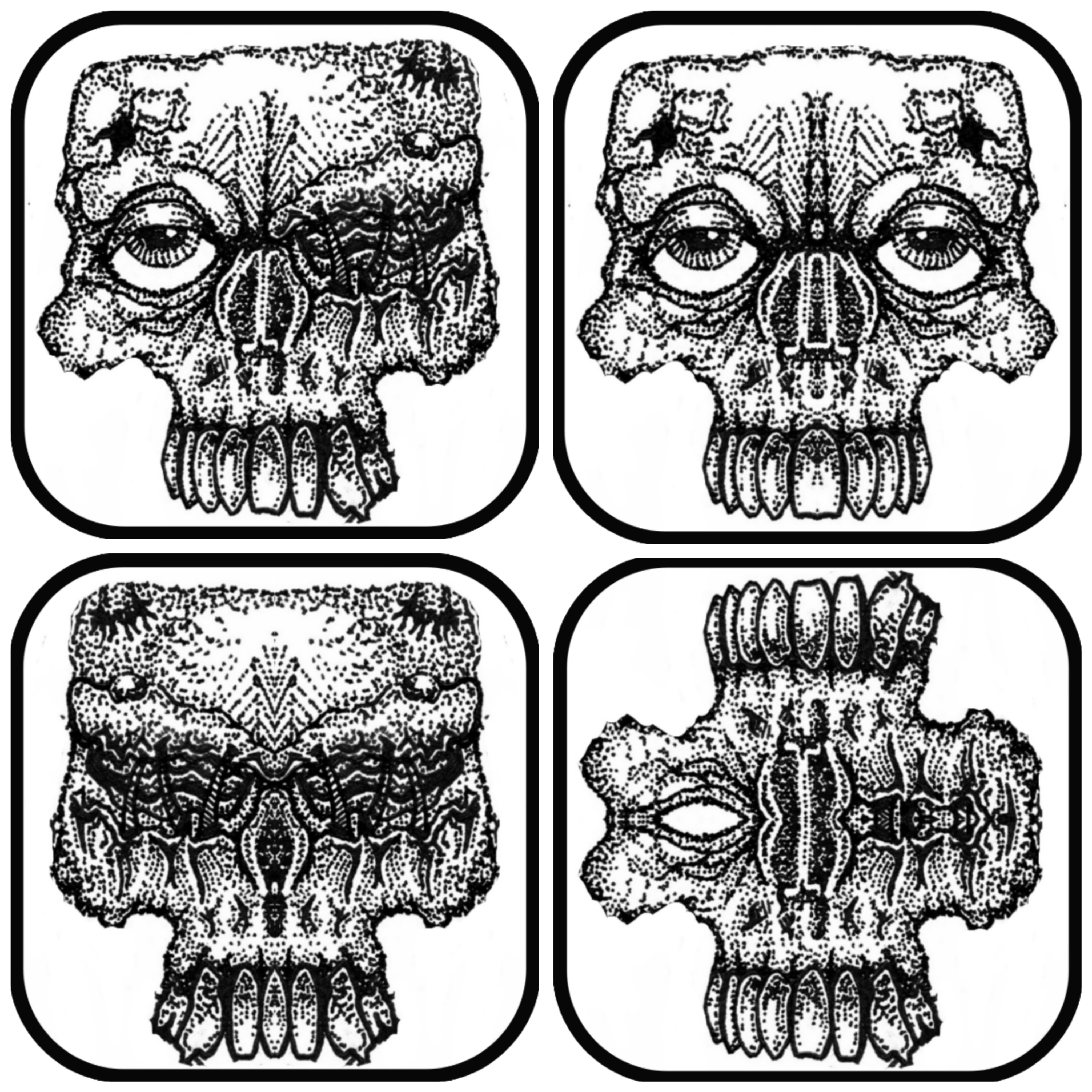 Four skull illustrations, one rotated sideways, with detailed shading and textured features, enclosed in rounded square borders.