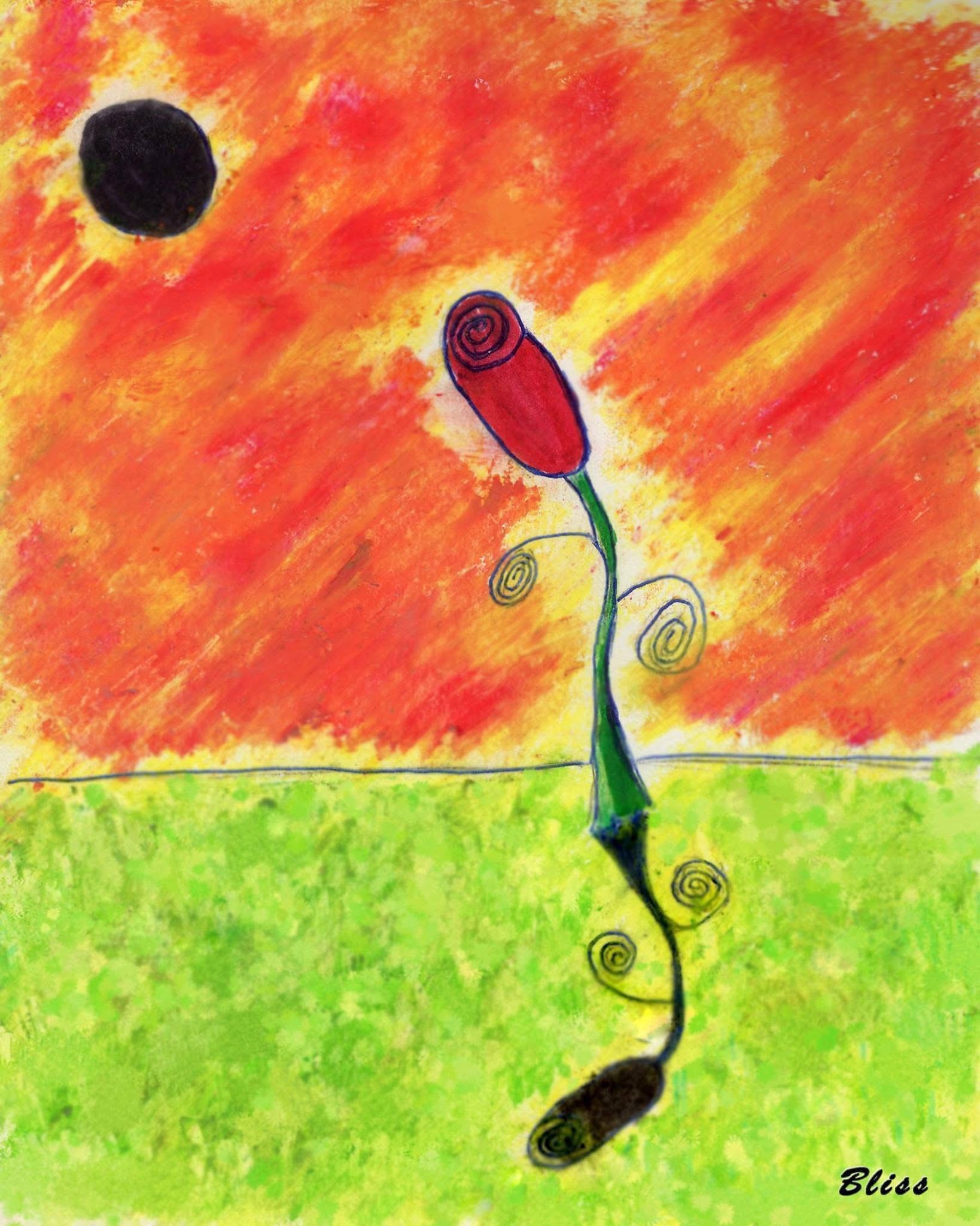 Abstract painting with a red flower, green stem, and black sun against a fiery orange sky and green ground.