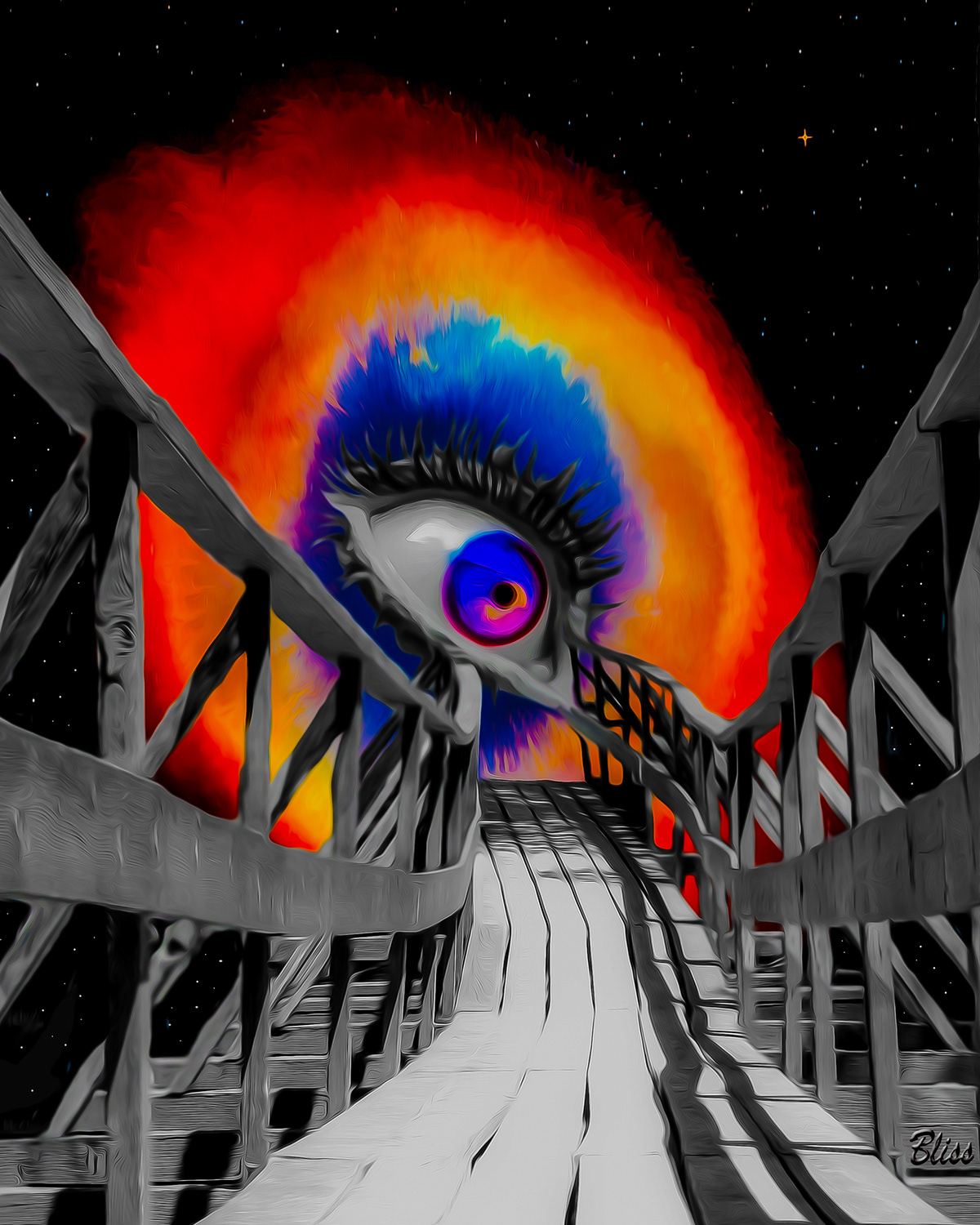 A surreal scene with a large eye on a bridge against a fiery cosmic background, with stars and space visible.