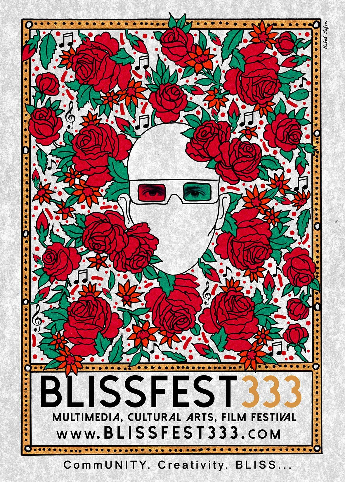 Illustration of a face with glasses surrounded by red roses and green leaves, with text 'BLISSFEST 333' and website.