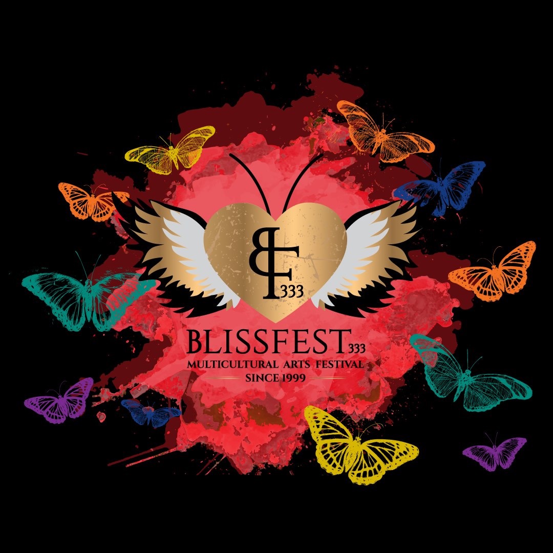 Heart with wings, surrounded by colorful butterflies, with text about Blissfest arts festival since 1999.