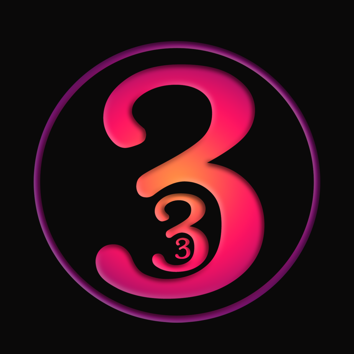 Pink and orange number three with a smaller number three inside, on a black background, encircled by a purple outline.